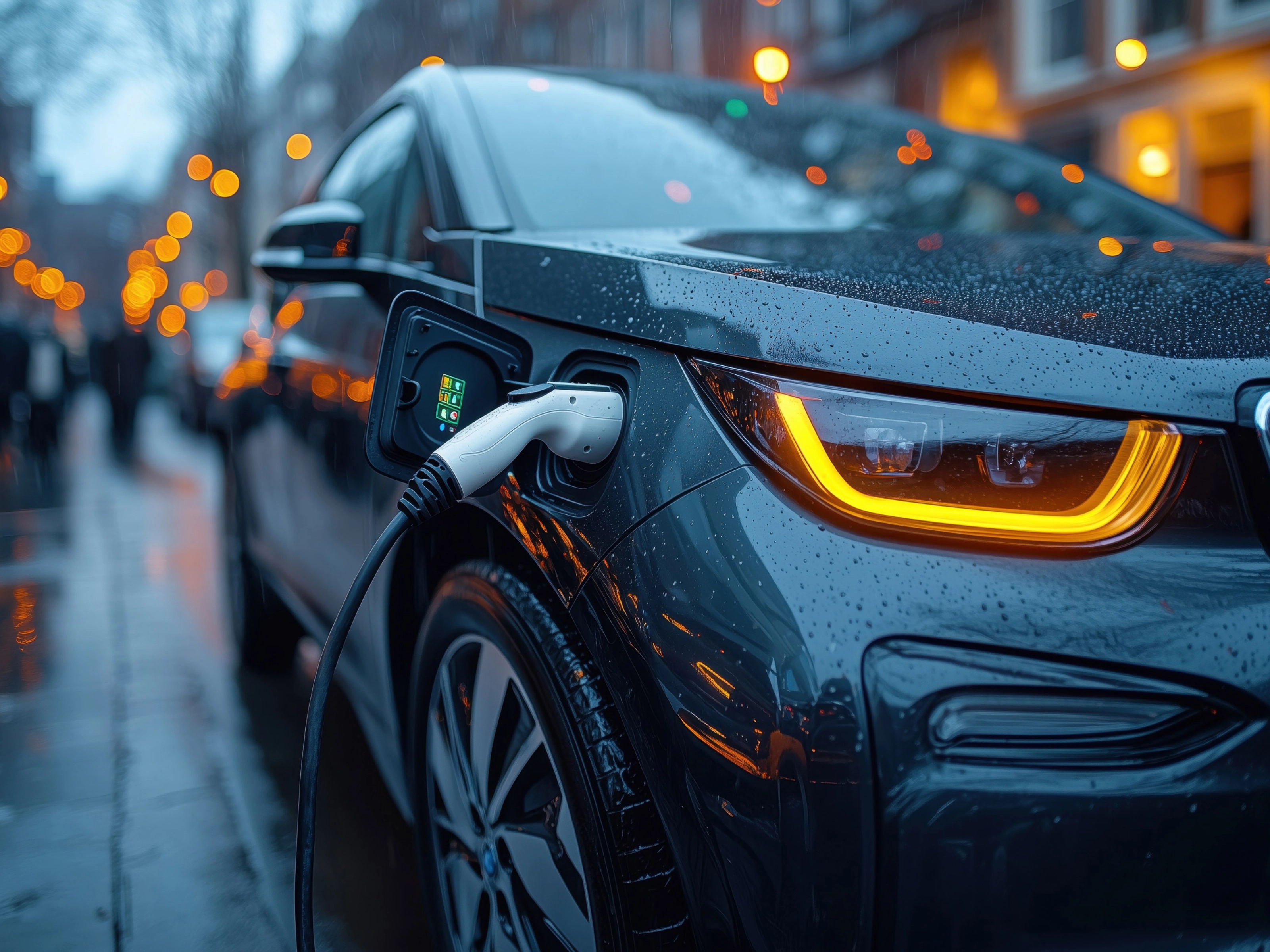 Electric car charging on a rainy city street at night with glowing headlights.