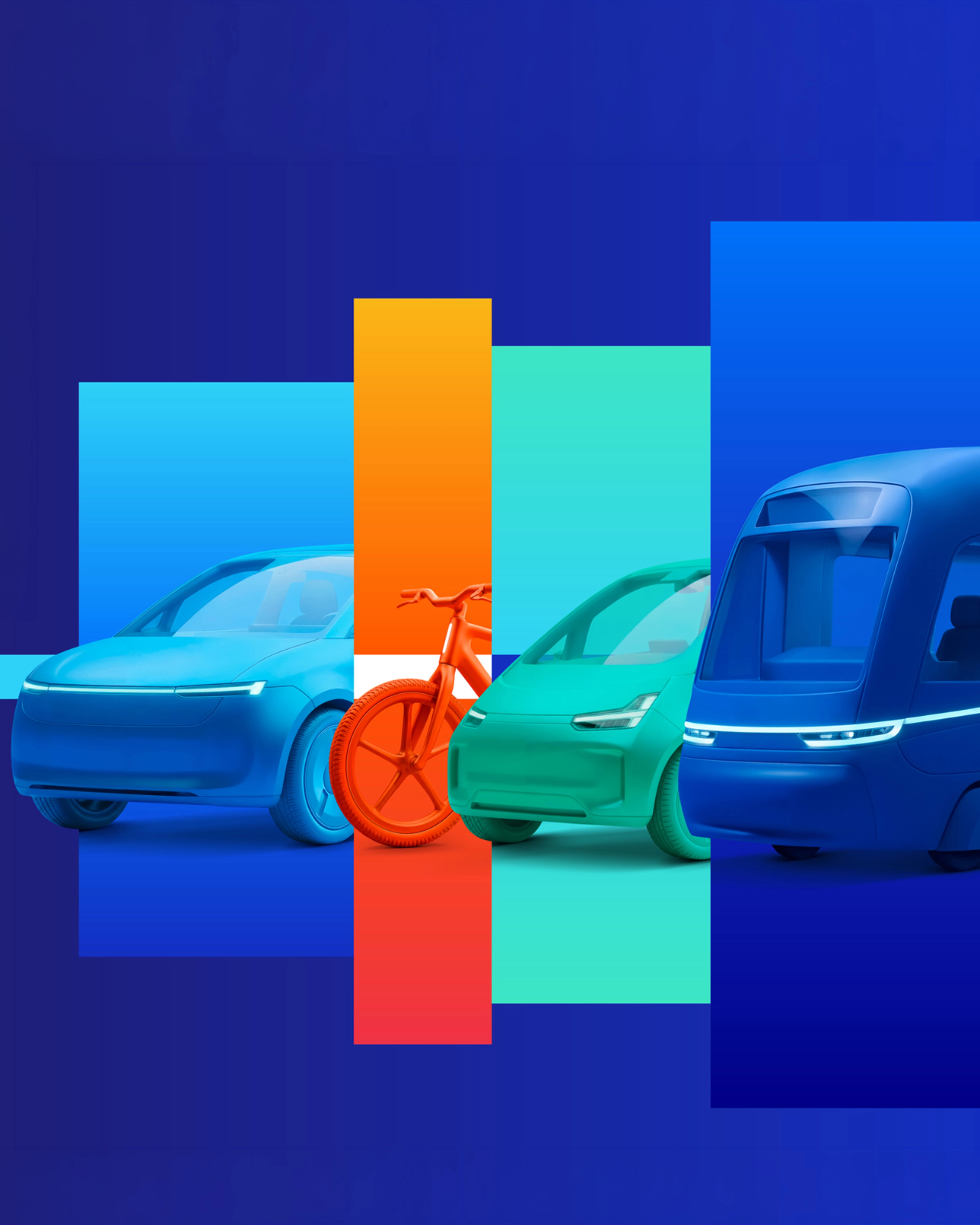 Stilisierte Grafik mit E-Auto, Fahrrad, Auto und Shuttle auf farbigen Flächen.