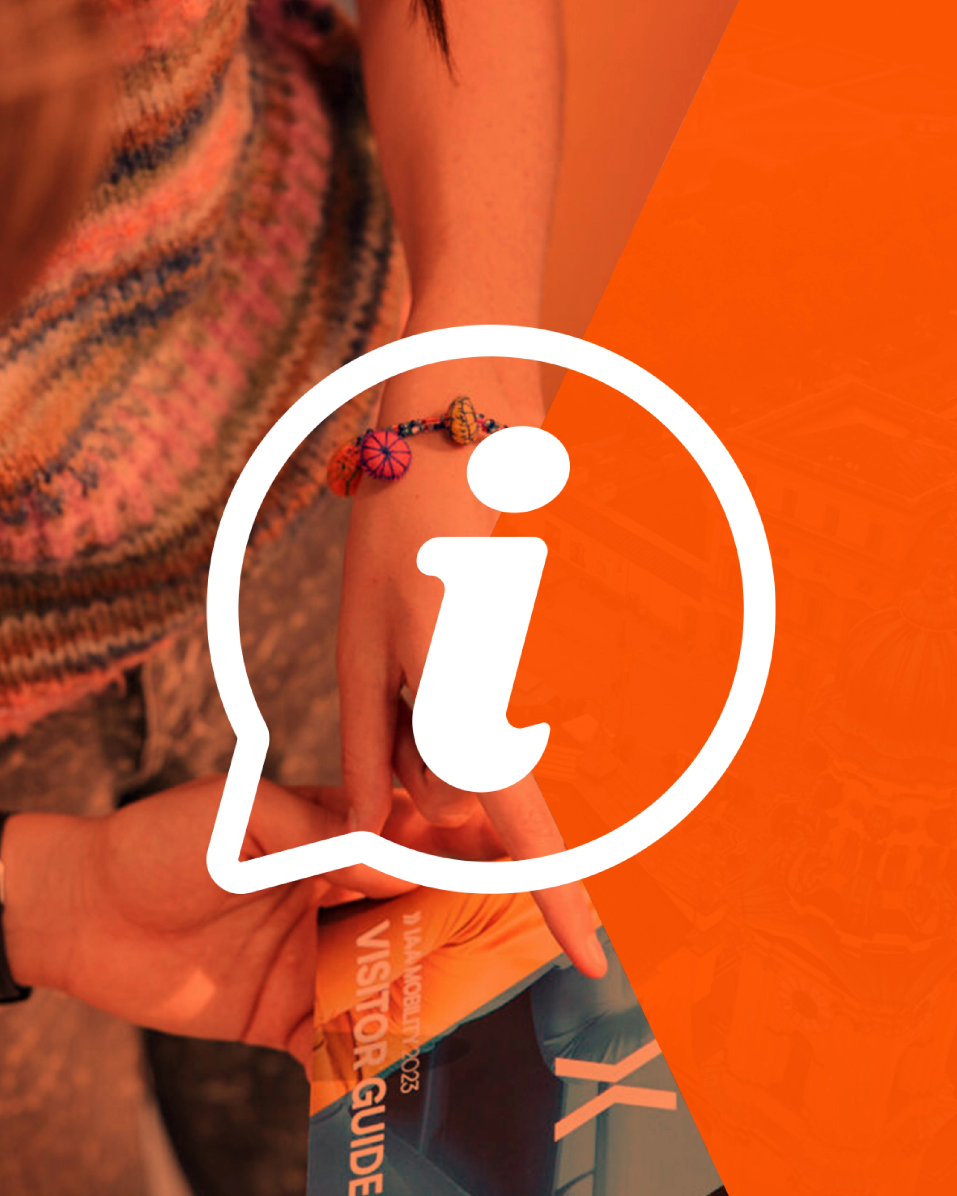 Icon with an information symbol over a photo of a person holding a visitor guide.