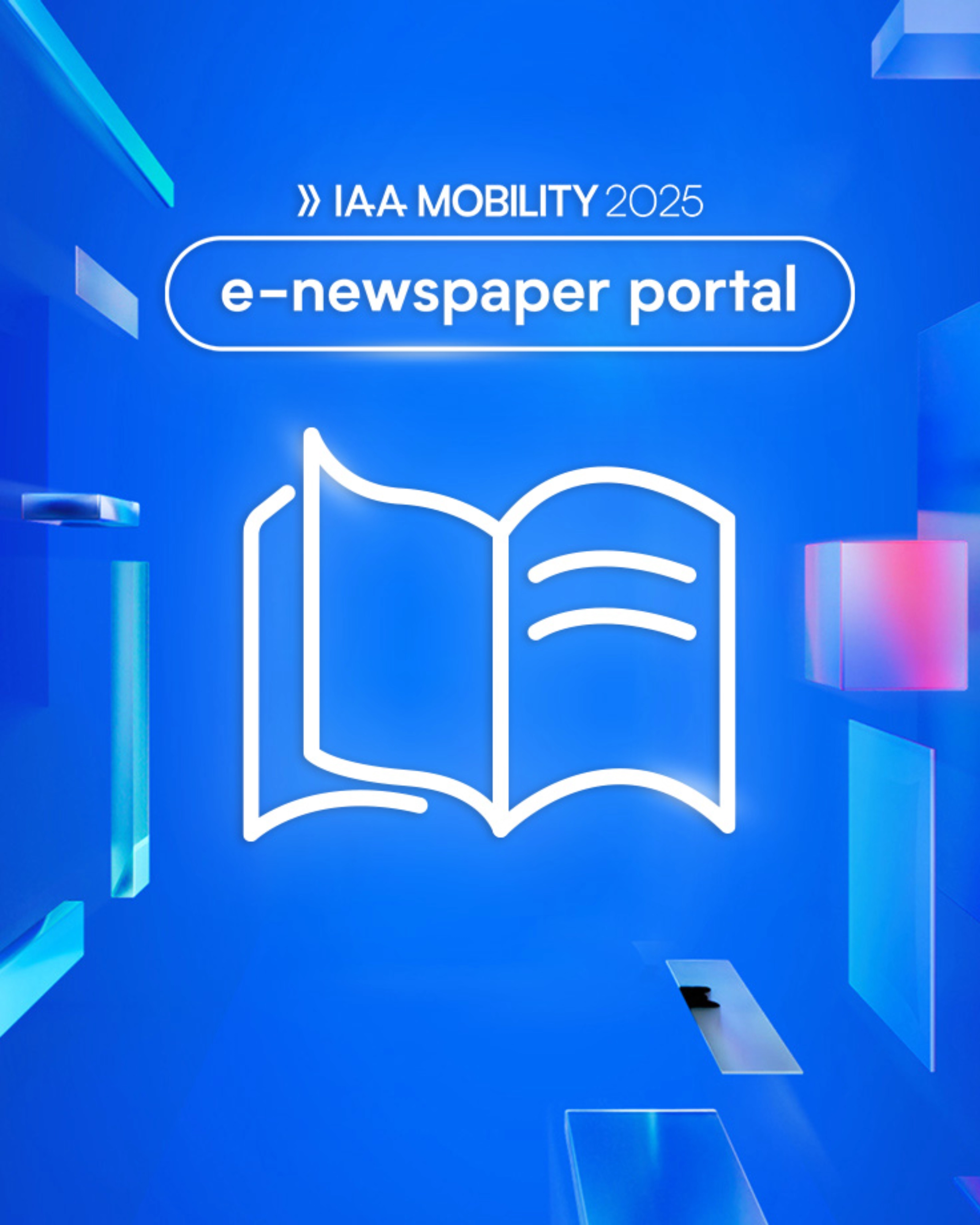 Logo der IAA MOBILITY 2025 mit digitalem Symbol einer Zeitung und dem Text „e-newspaper portal“.