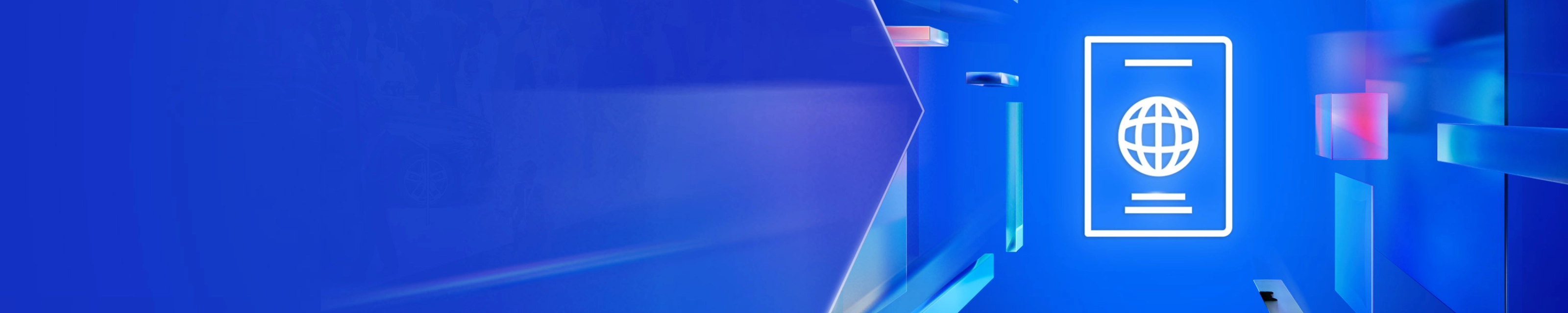 Weißes Passsymbol mit Globus auf blauem digitalen Hintergrund mit schwebenden Formen.
