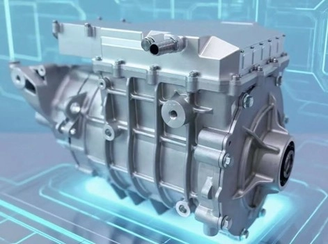 Metallic gearbox for an electric vehicle displayed in a digital environment.