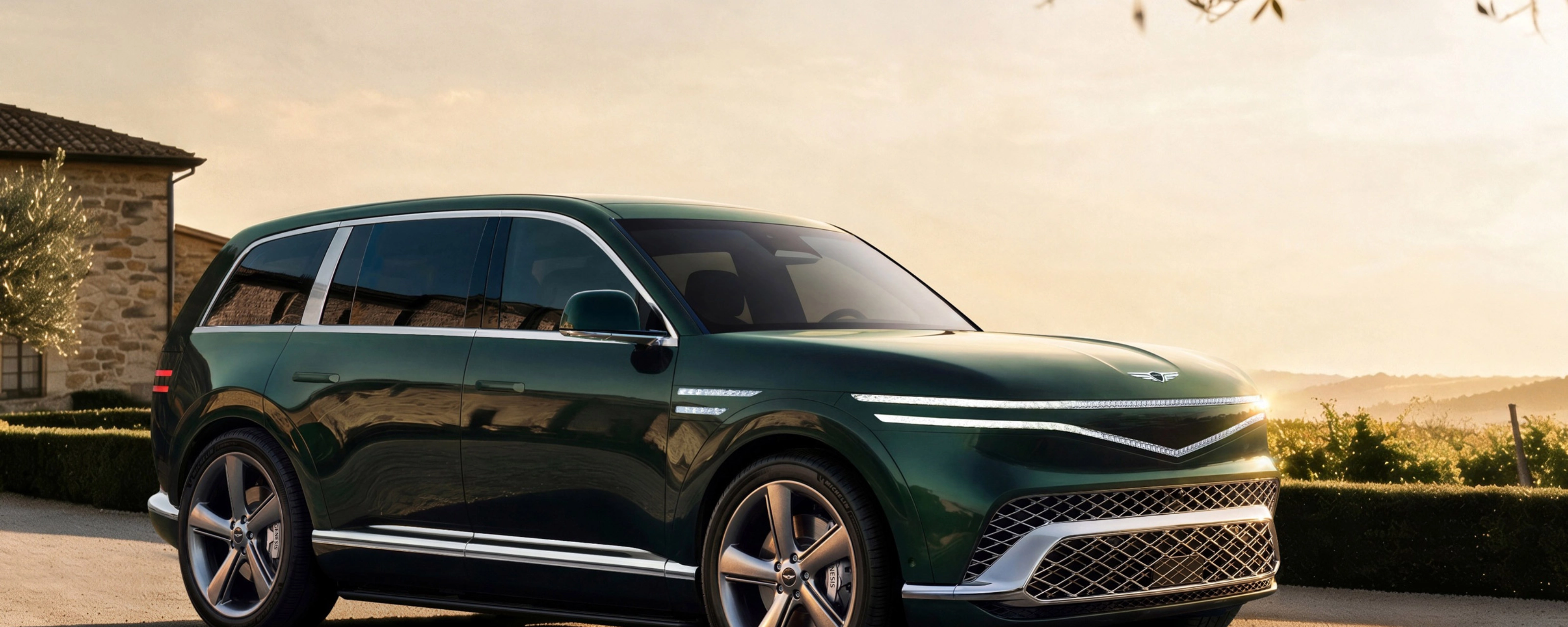 Grüner Genesis SUV auf einer Landstraße bei Sonnenuntergang.