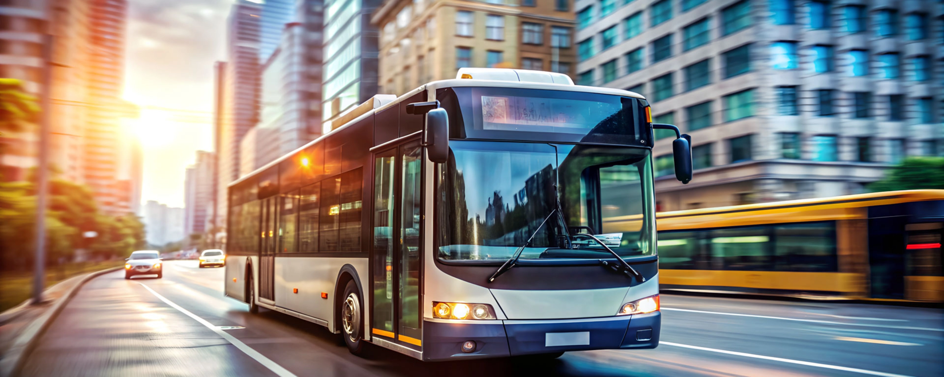 Modern city bus driving along a street lined with skyscrapers at sunset.