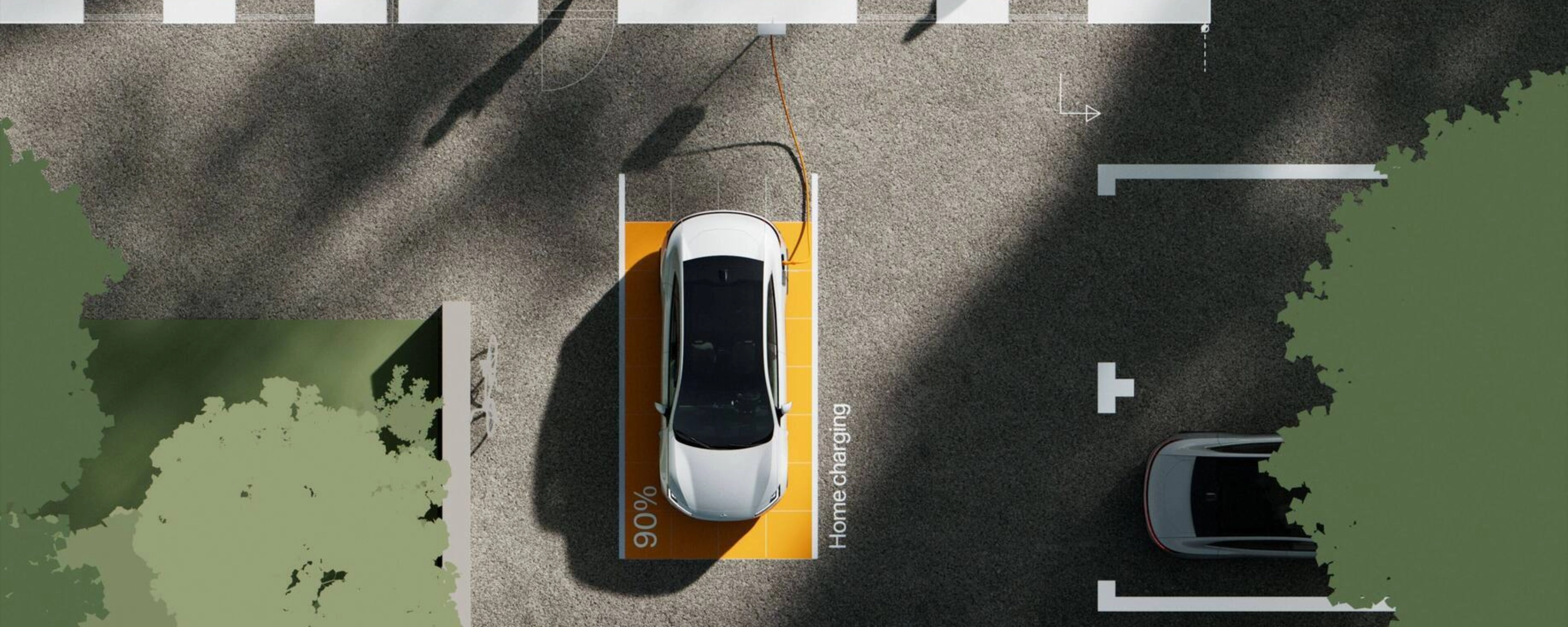 Top view of an electric car home charging, shown at 90%.