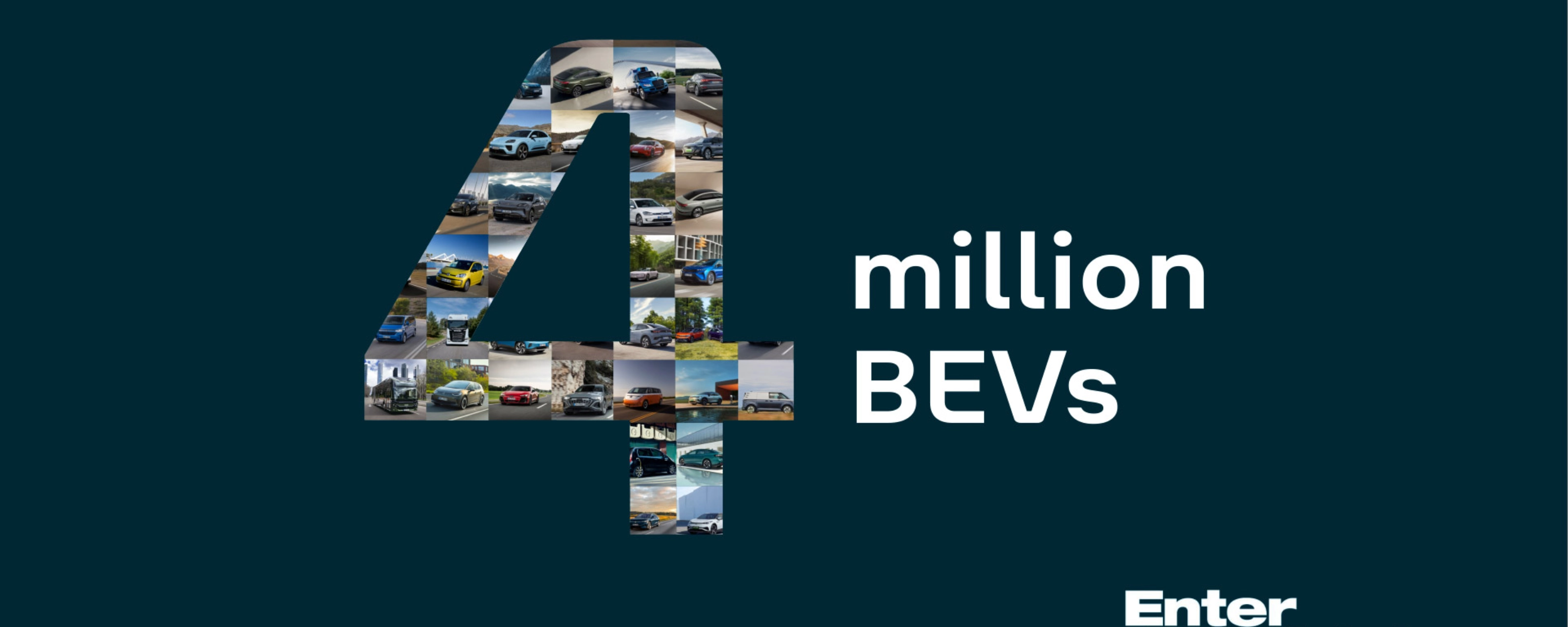 Graphic with number 4 made of car photos and text “4 million BEVs”, Volkswagen Group.