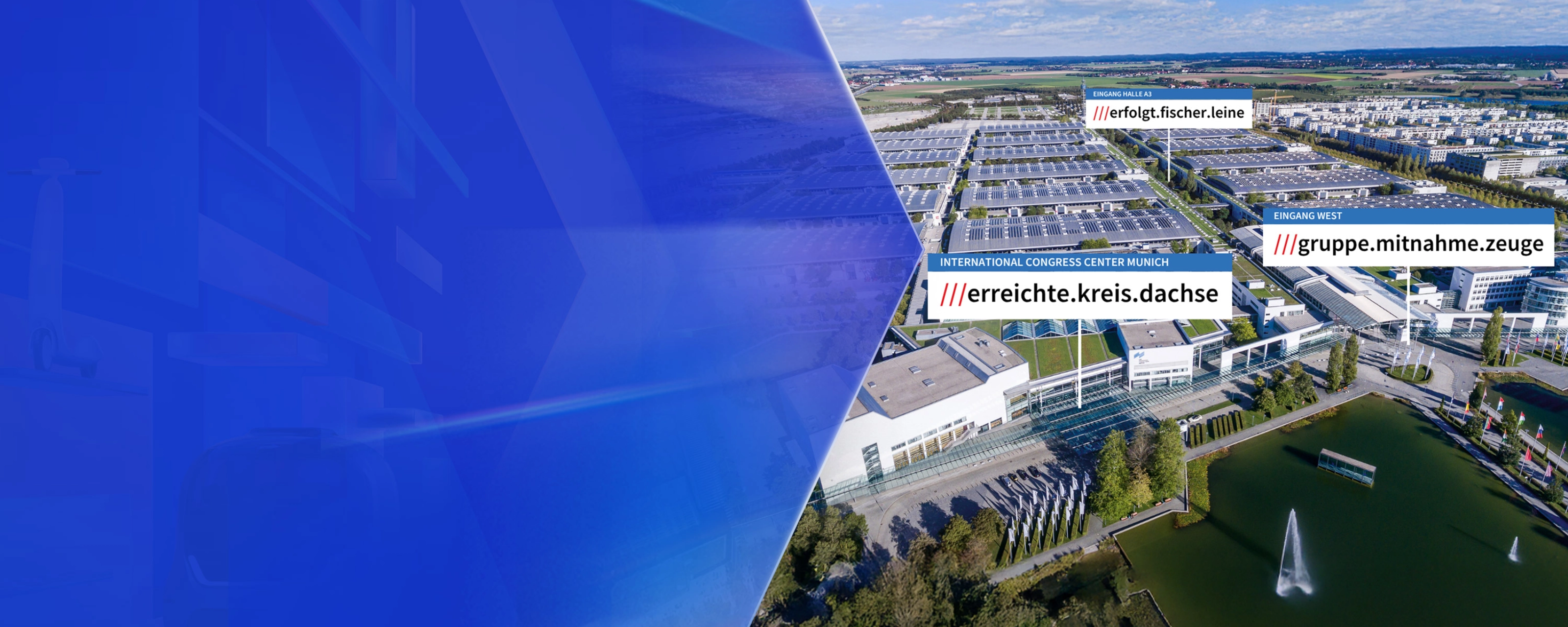 Luftaufnahme eines Messegeländes mit beschrifteten Hallen und einem Springbrunnen in der Nähe.