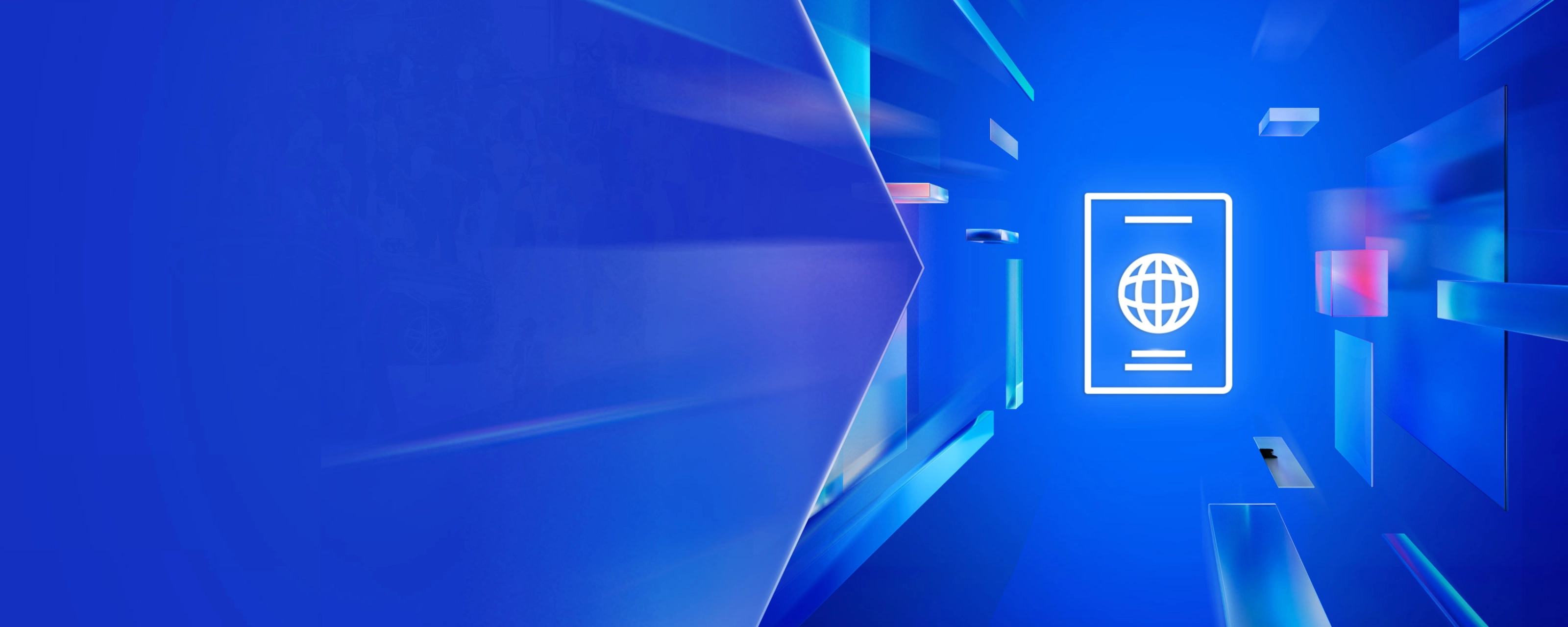 Weißes Passsymbol mit Globus auf blauem digitalen Hintergrund mit schwebenden Formen.