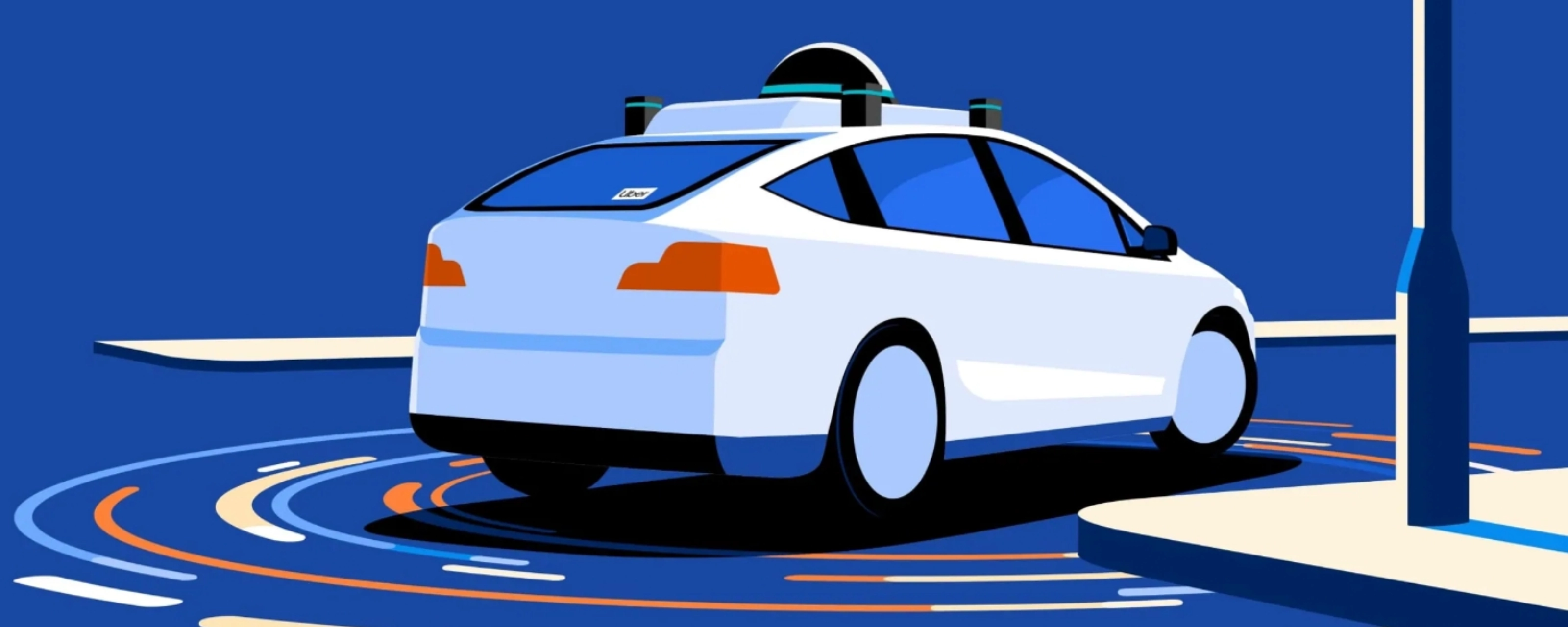 Illustration eines autonomen Autos mit Sensoren nahe Ladesäule.