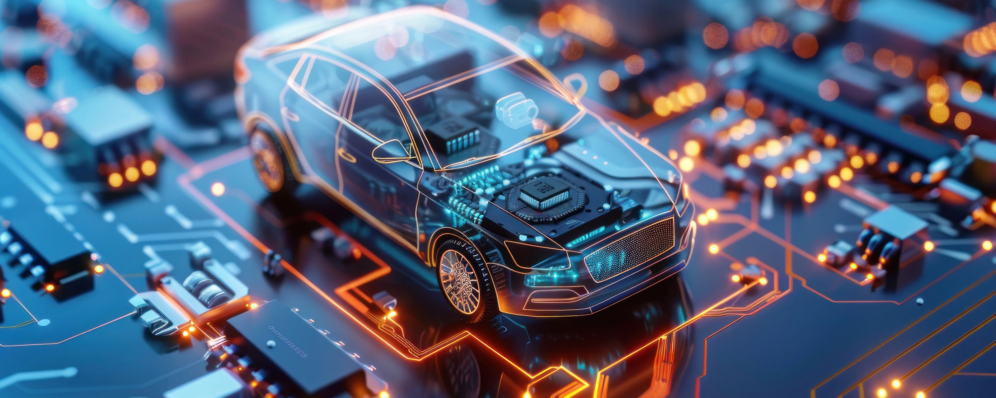 Digitale Darstellung eines vernetzten Autos auf einer Leiterplatte.