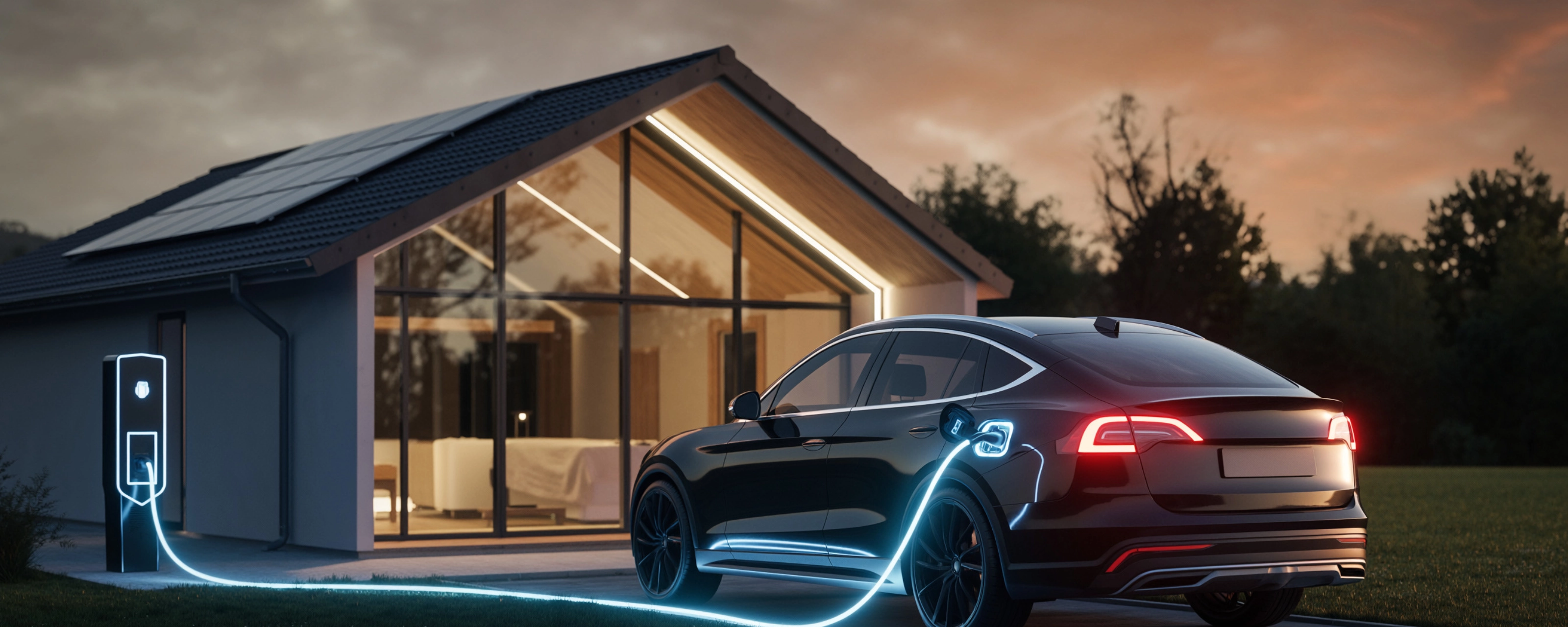 Elektroauto lädt an Wallbox vor modernem Haus in der Dämmerung.