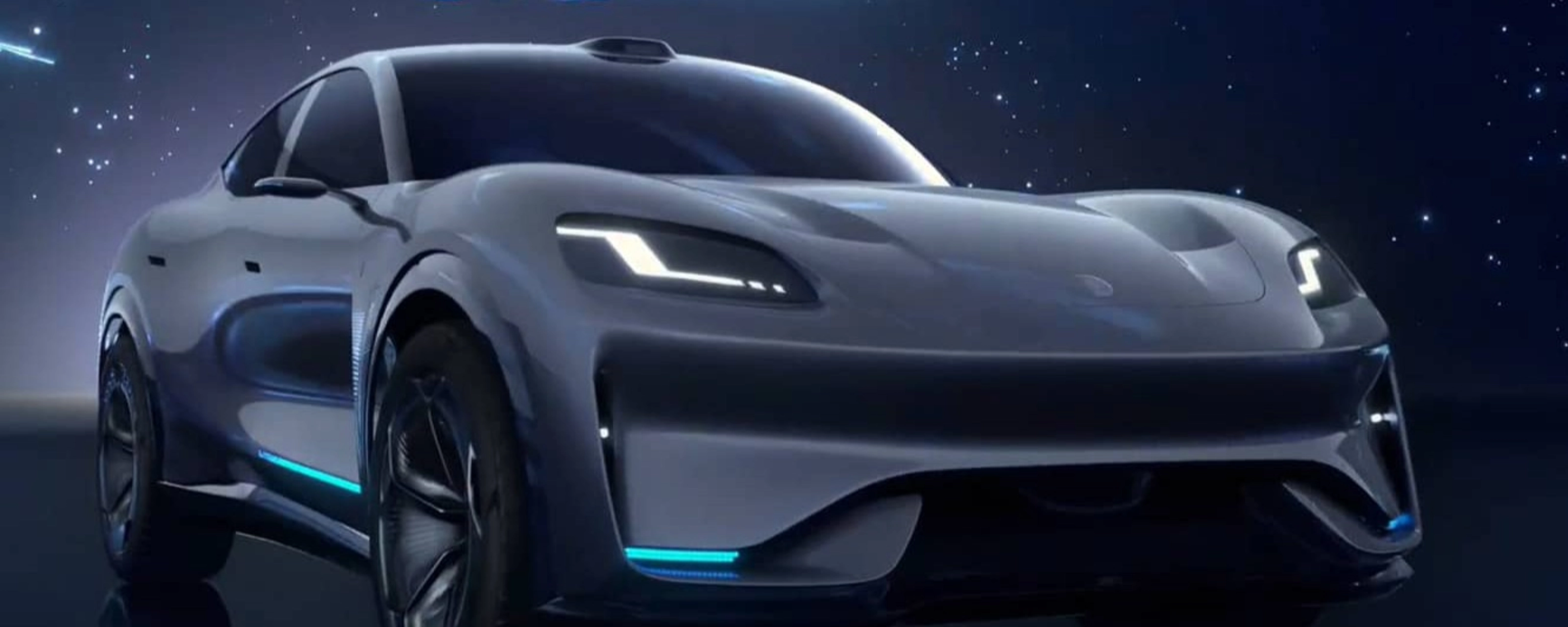 Seres electric sedan in dark blue setting with illuminated light accents.