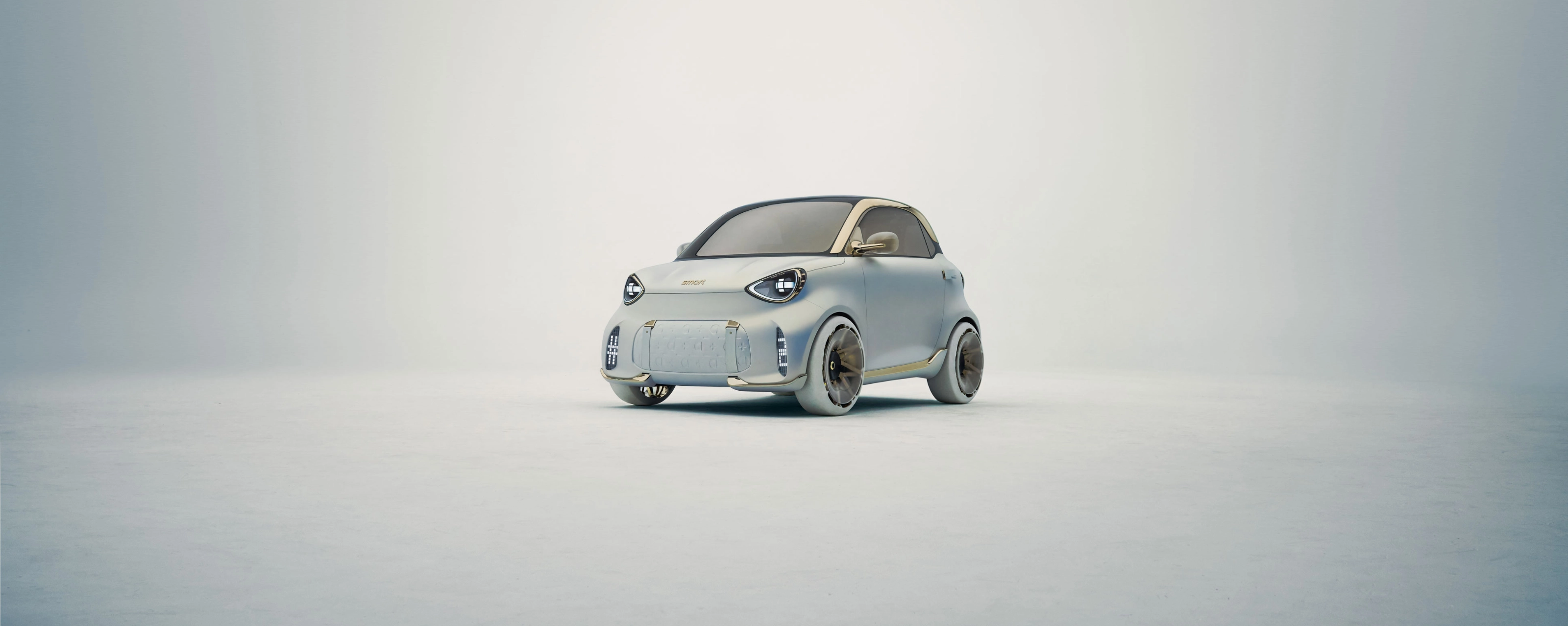 Small white compact car parked on a vast empty surface.