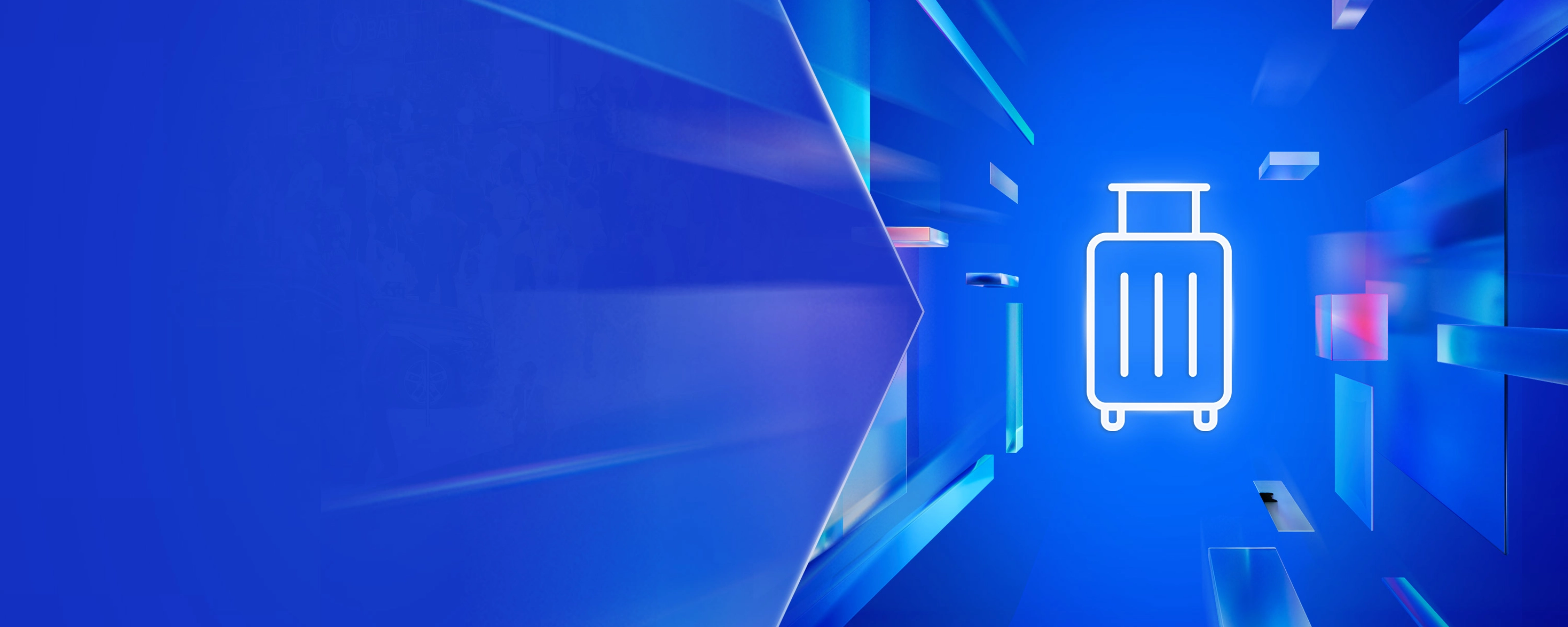 Weißes Koffersymbol auf blauem, digitalem Hintergrund mit transparenten Formen – steht für Anreise oder Besucherinformation zur Veranstaltung.