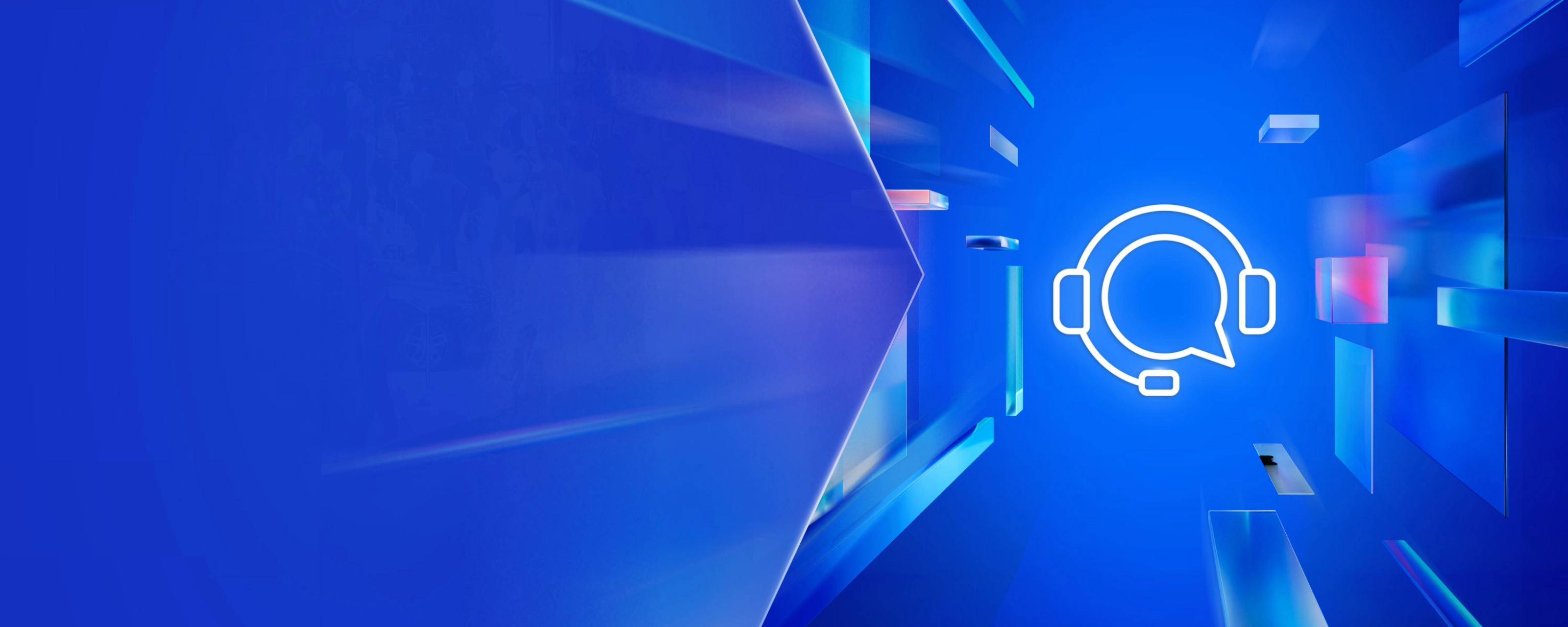 White headset icon with speech bubble on a blue digital background with floating shapes.