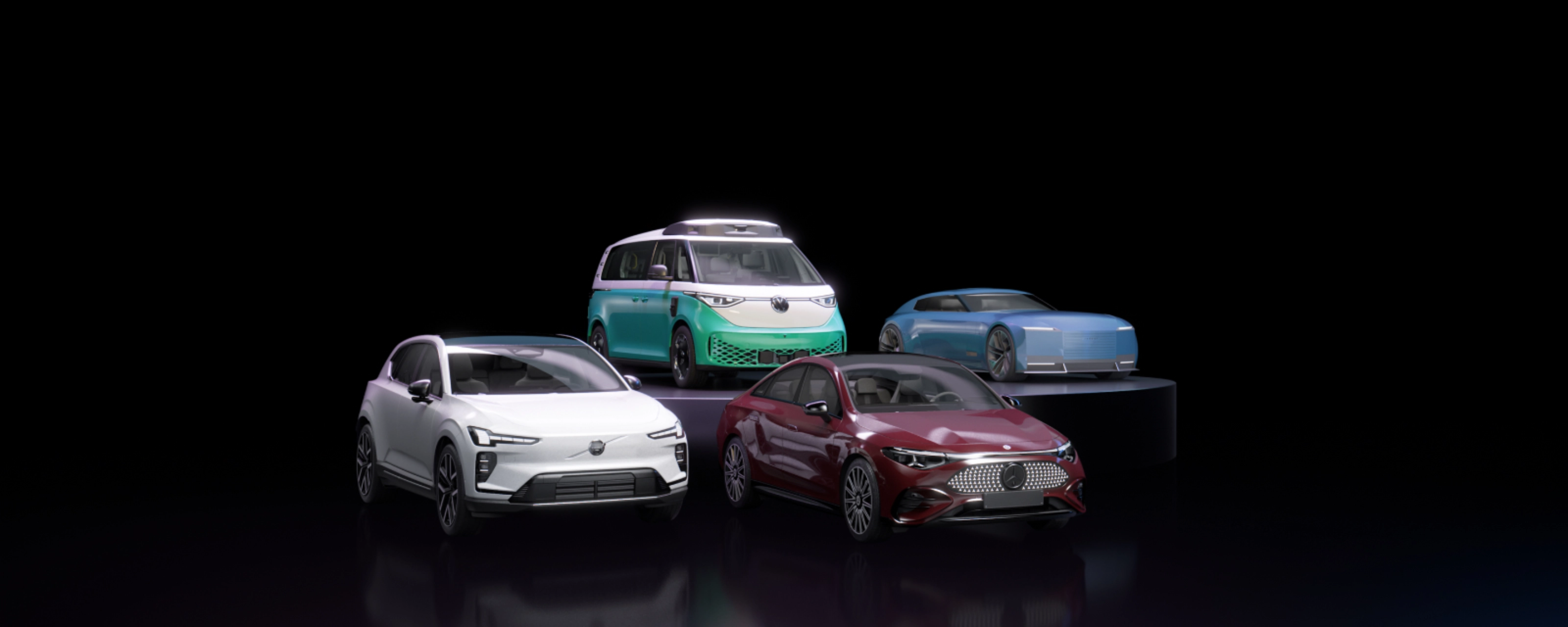 Vier Autos verschiedener Hersteller vor schwarzem Hintergrund, die NVIDIA repräsentieren.