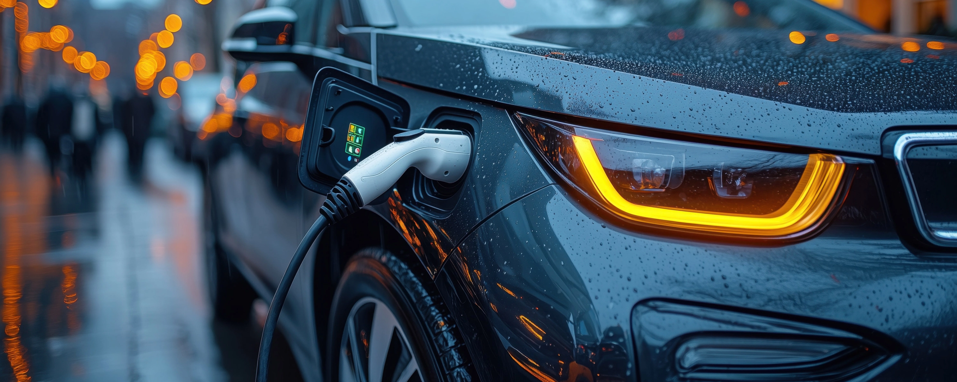 Electric car charging on a rainy city street at night with glowing headlights.