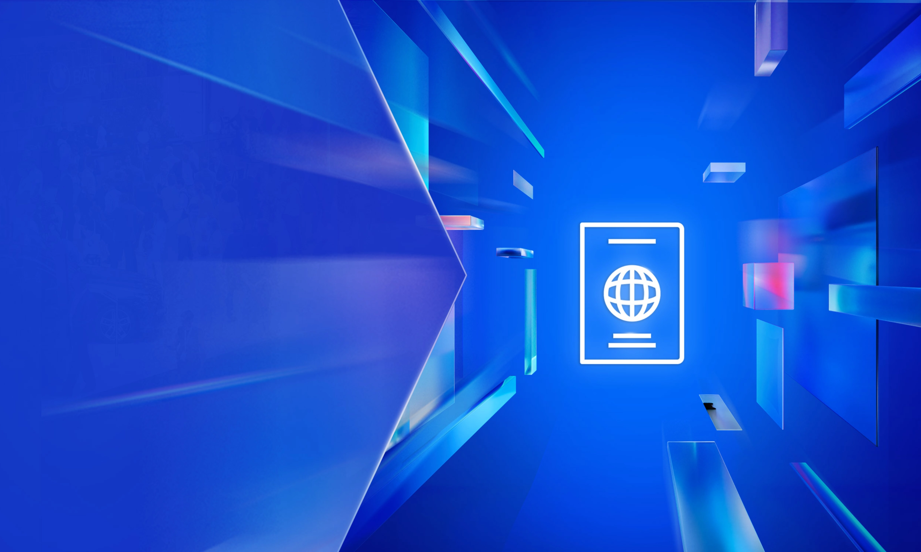 Weißes Passsymbol mit Globus auf blauem digitalen Hintergrund mit schwebenden Formen.