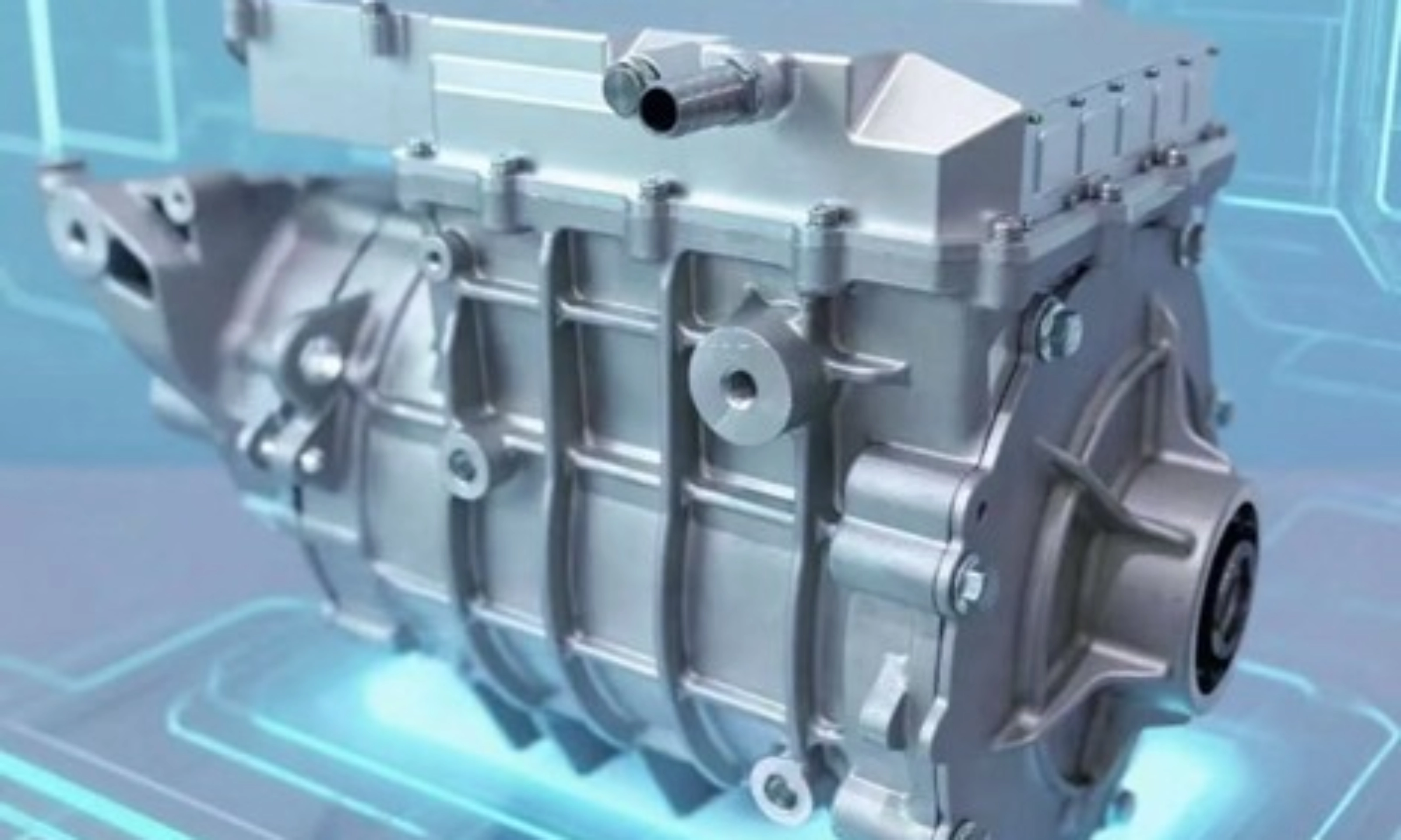 Metallic gearbox for an electric vehicle displayed in a digital environment.