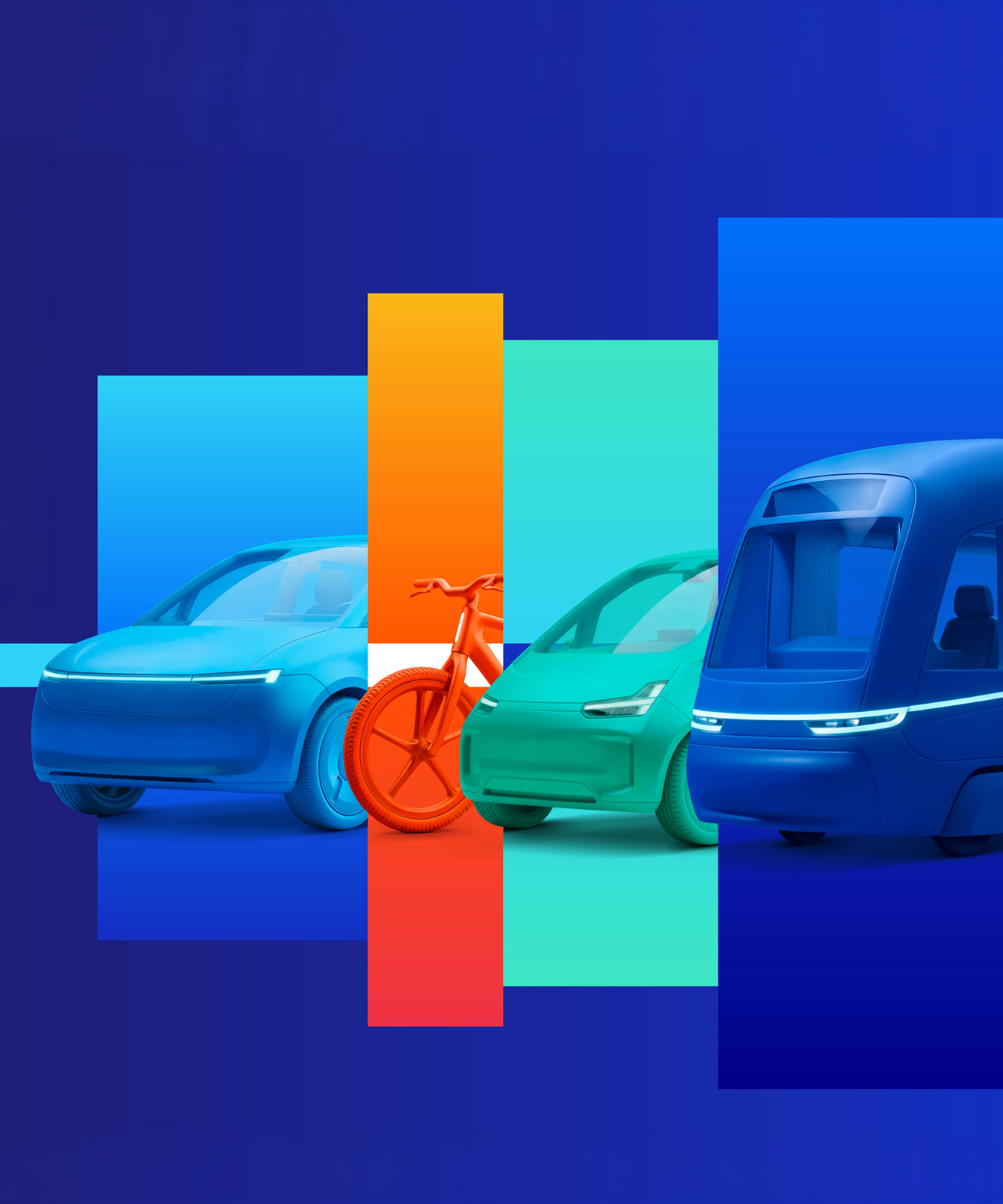 Stilisierte Grafik mit E-Auto, Fahrrad, Auto und Shuttle auf farbigen Flächen.