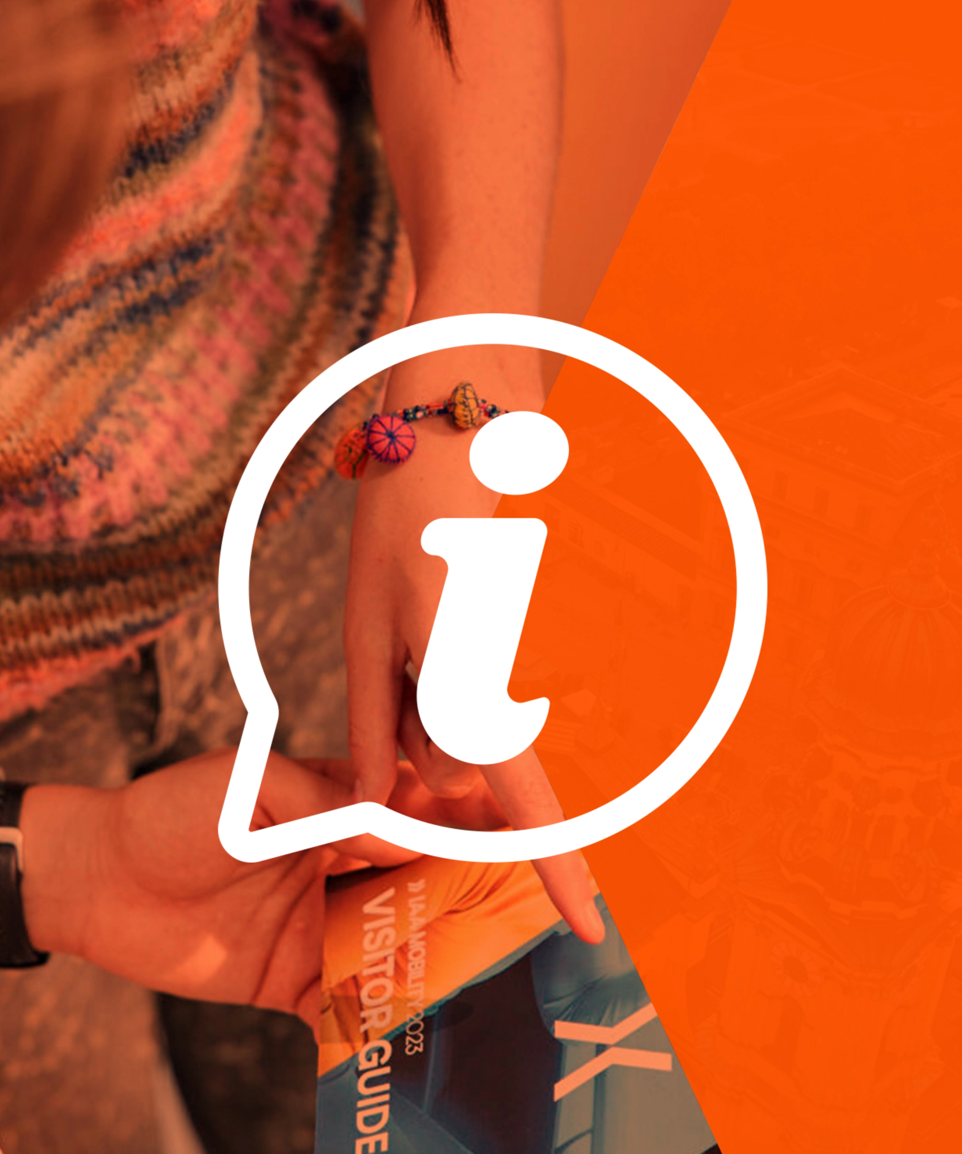 Icon with an information symbol over a photo of a person holding a visitor guide.