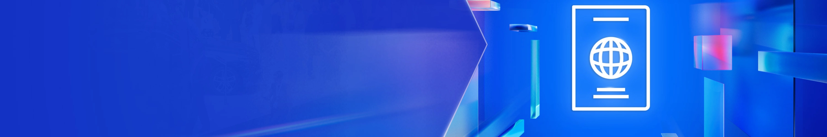 Weißes Passsymbol mit Globus auf blauem digitalen Hintergrund mit schwebenden Formen.