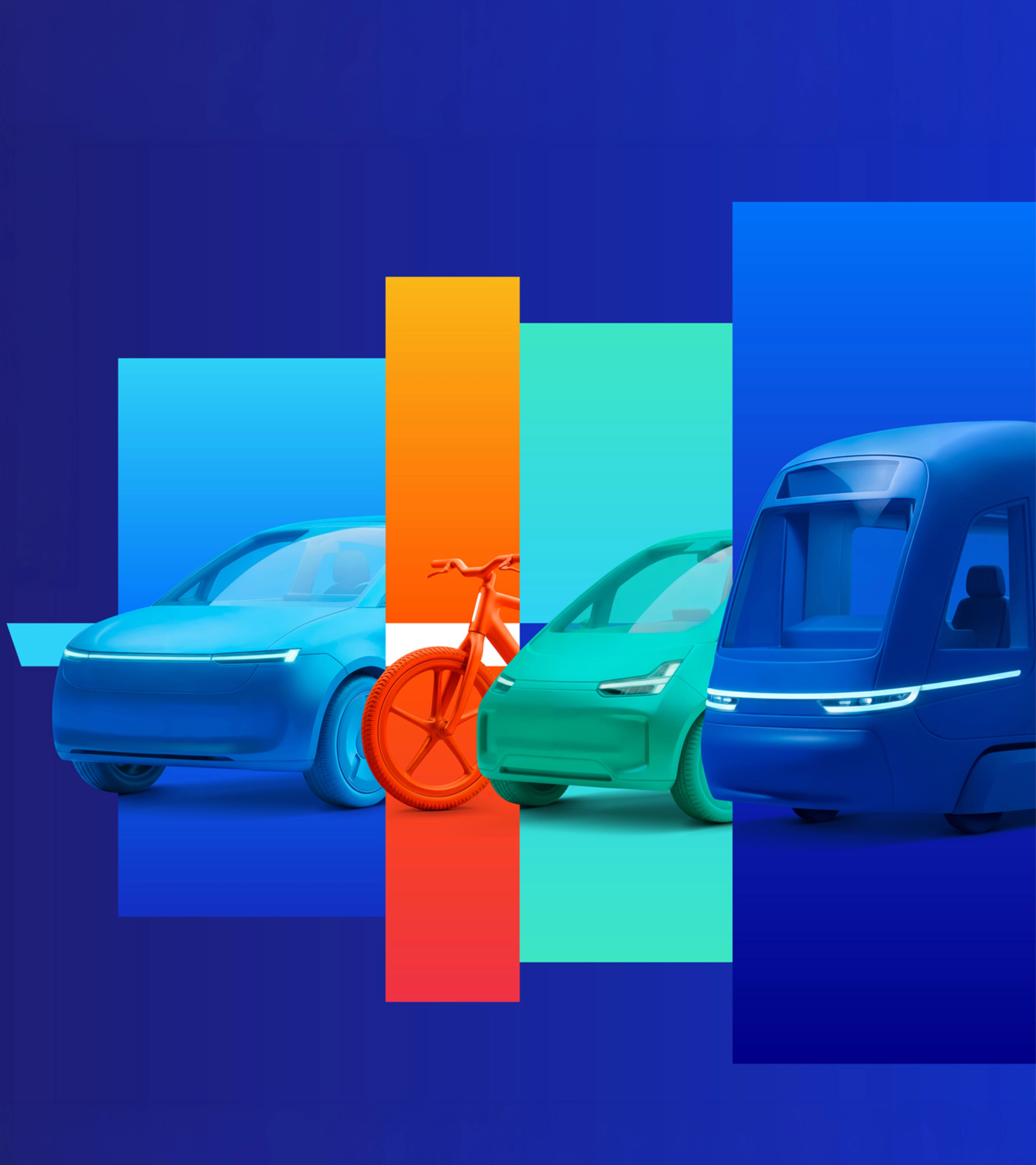 Stilisierte Grafik mit E-Auto, Fahrrad, Auto und Shuttle auf farbigen Flächen.