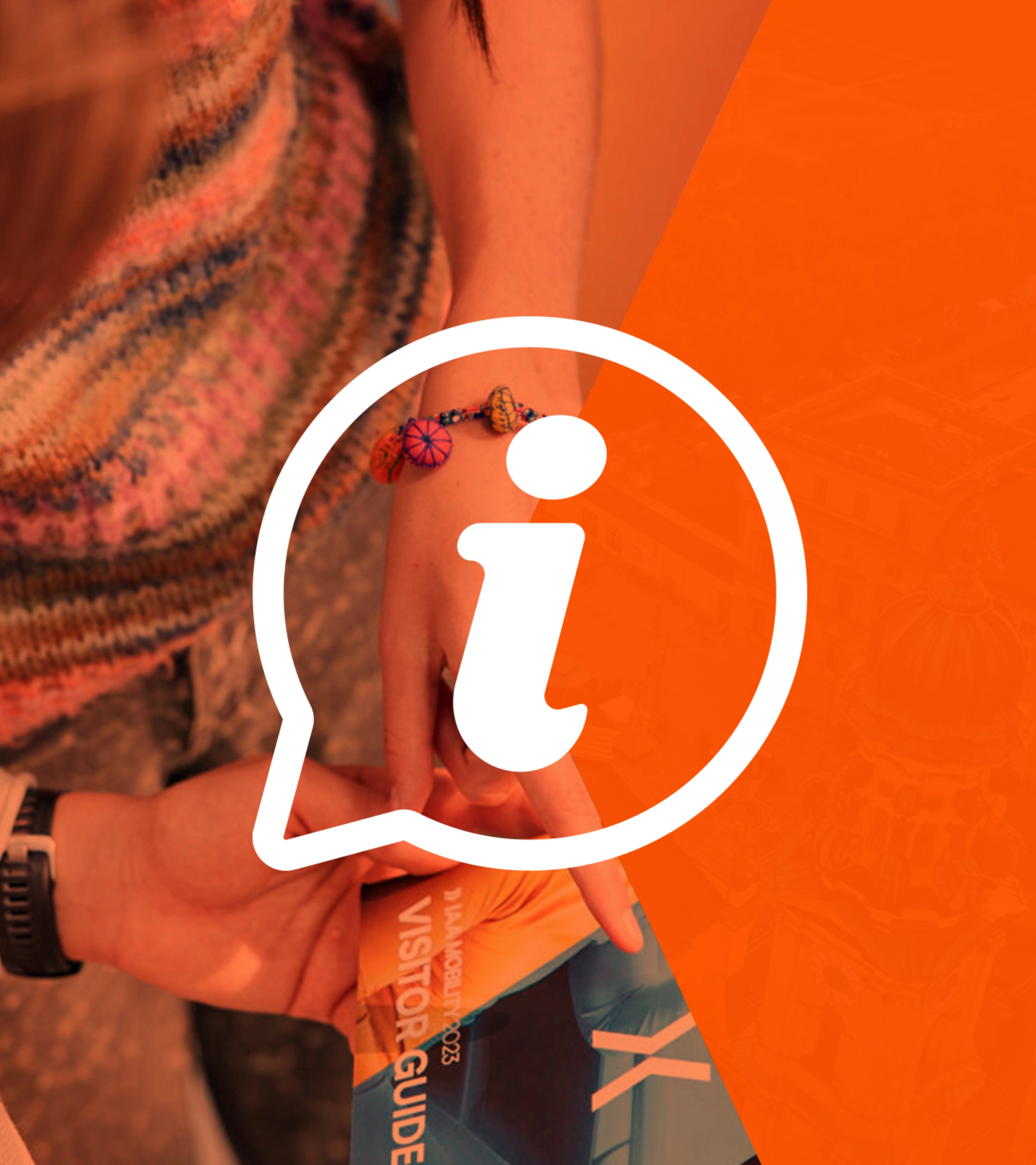Icon with an information symbol over a photo of a person holding a visitor guide.