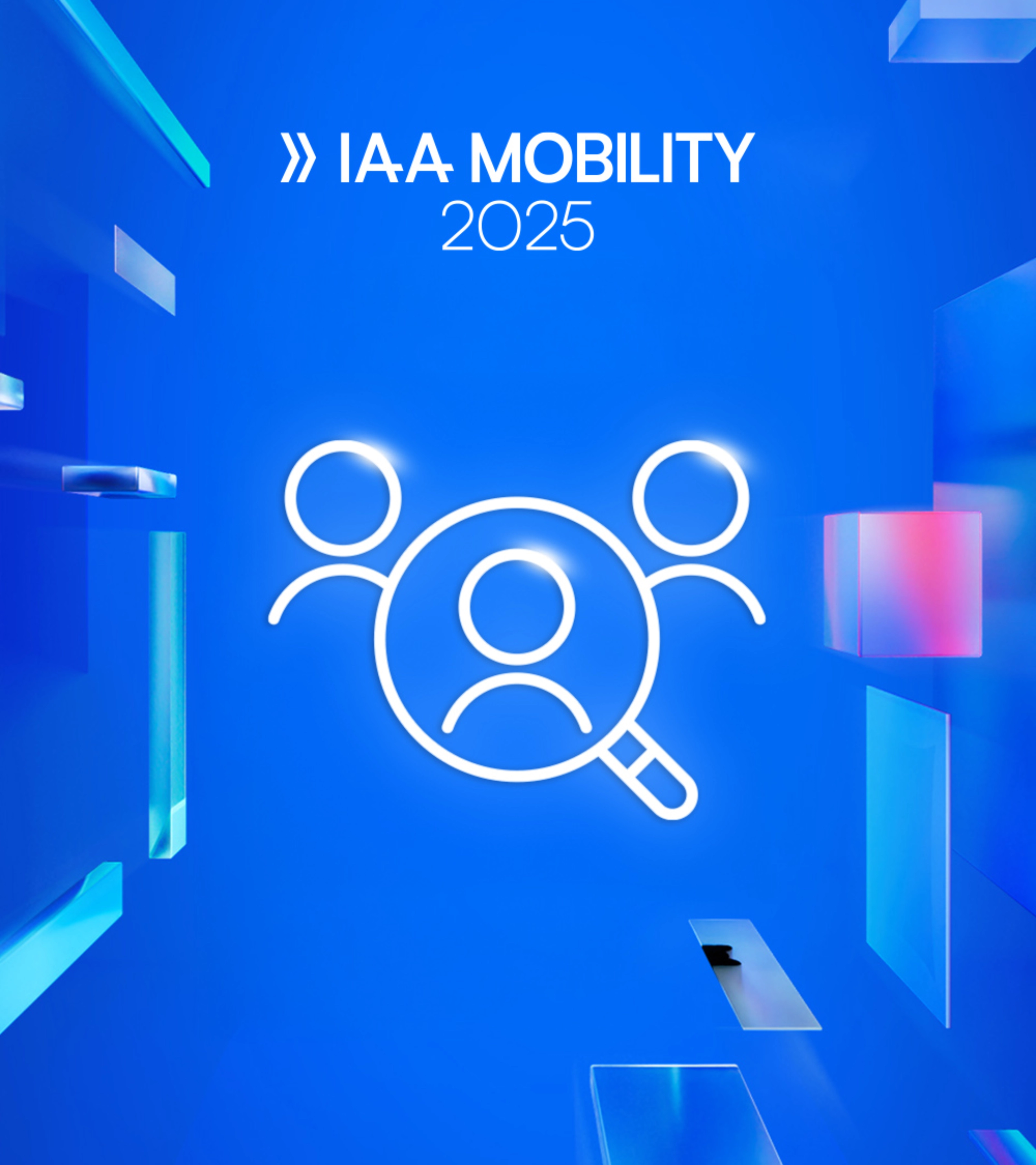 Logo der IAA Mobility 2025 mit Symbol von drei Personen und Lupe auf blauem Hintergrund.