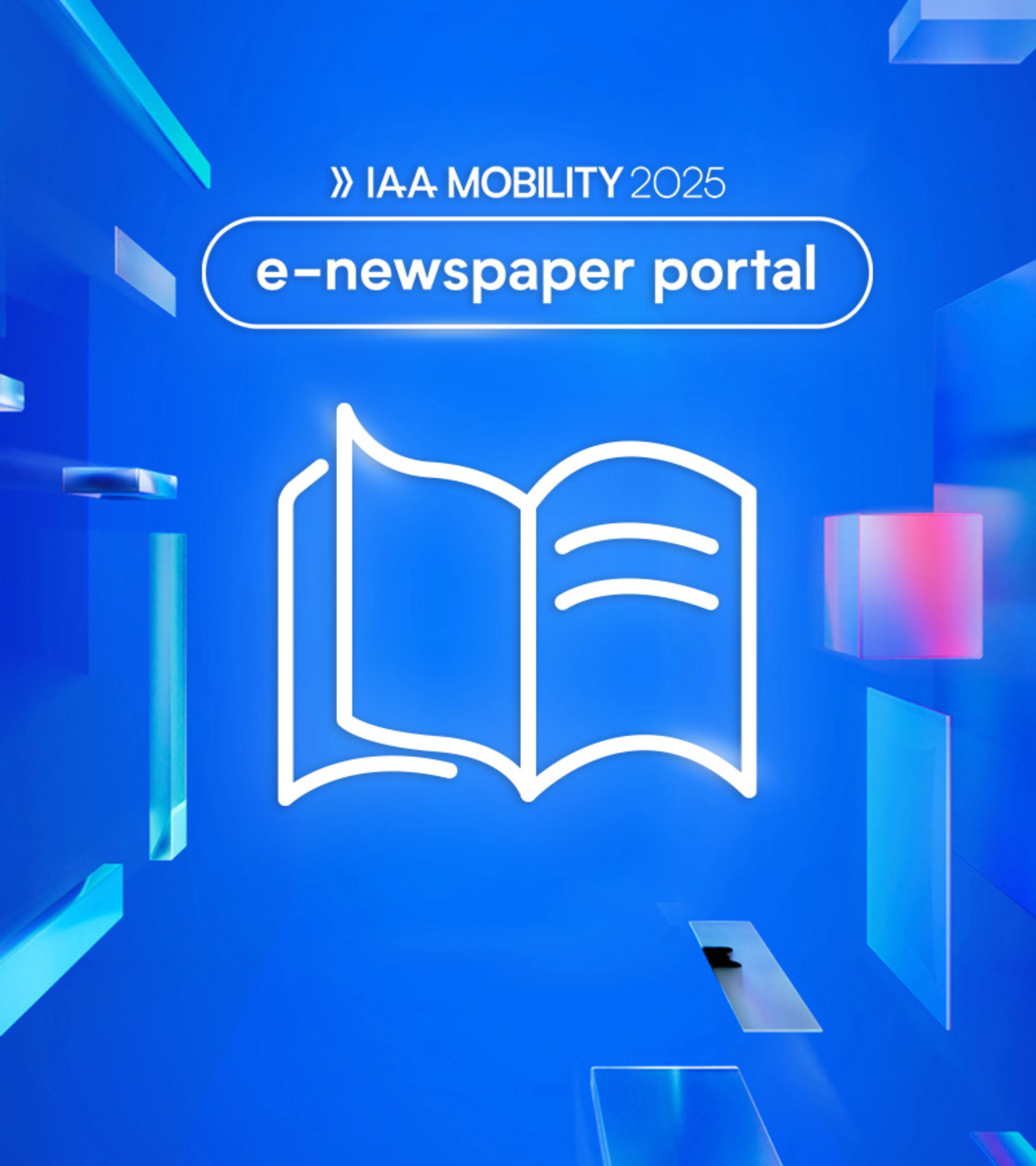 Logo der IAA MOBILITY 2025 mit digitalem Symbol einer Zeitung und dem Text „e-newspaper portal“.