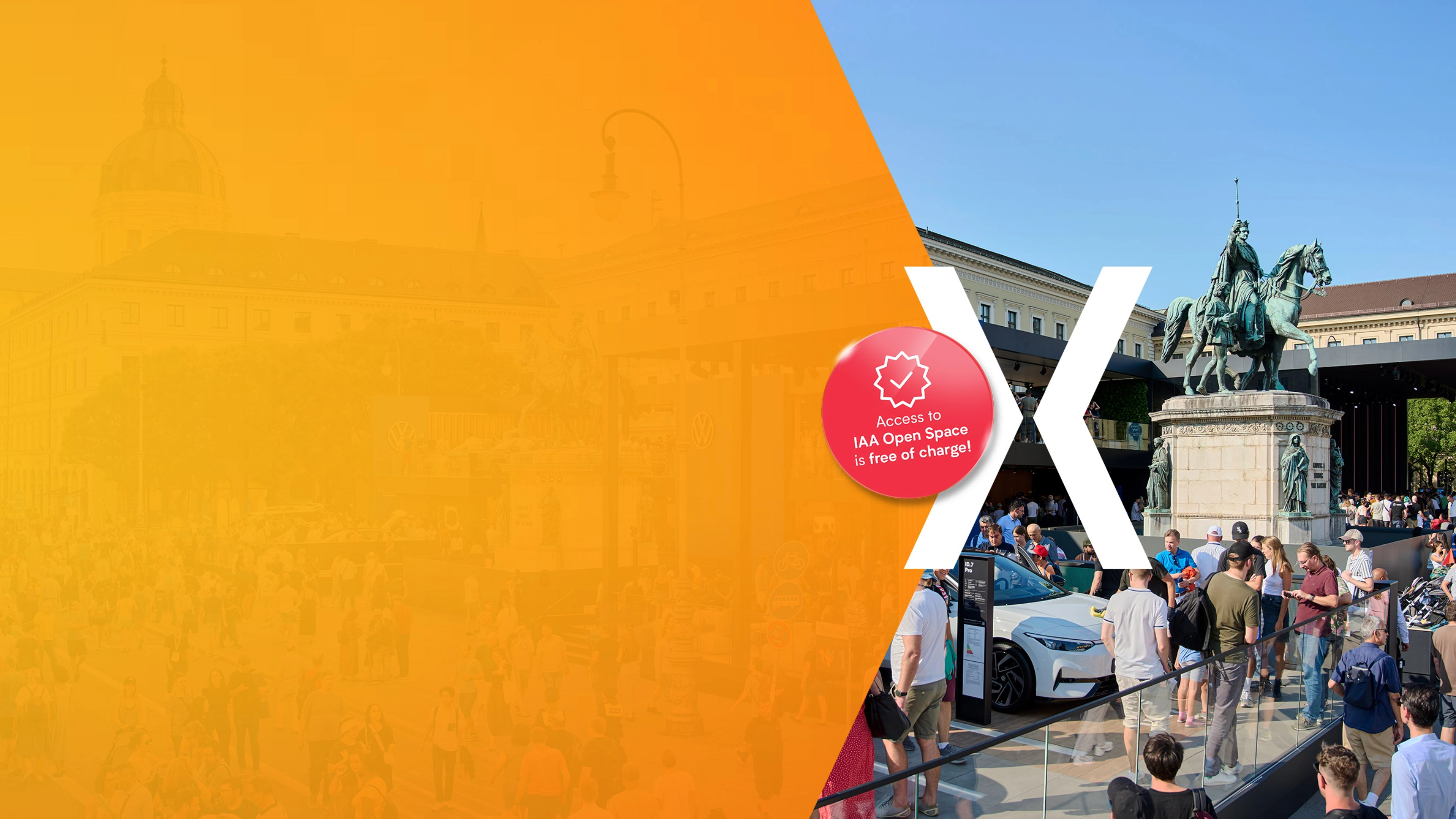 Crowds gather around a white electric car and an equestrian statue at a city square during the IAA event; the left half of the image is overlaid with orange graphics and a note saying "Access to IAA Open Space is free of charge!"