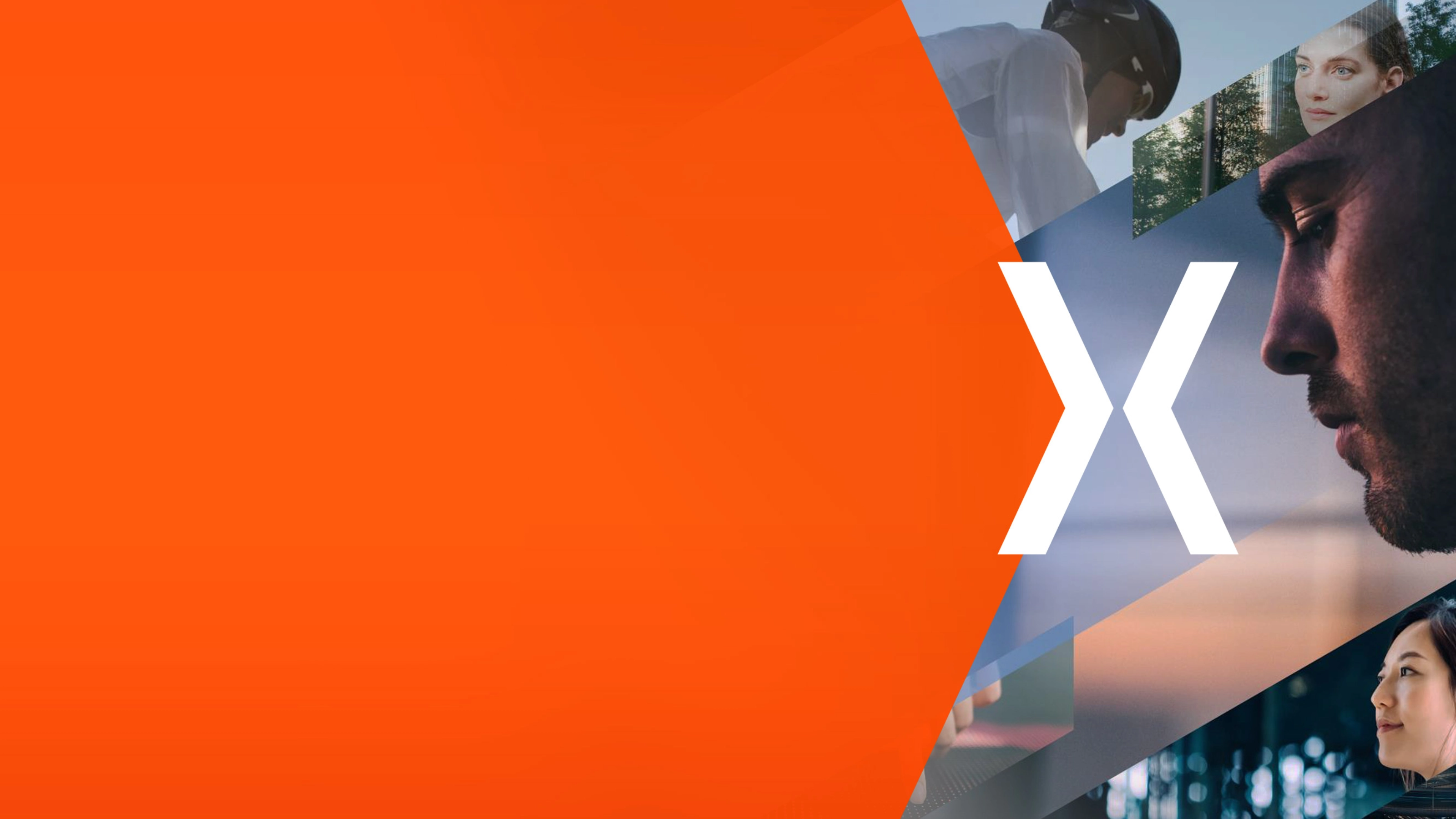 Orange graphic with a white X beside collage-style images of mobility and technology scenes.