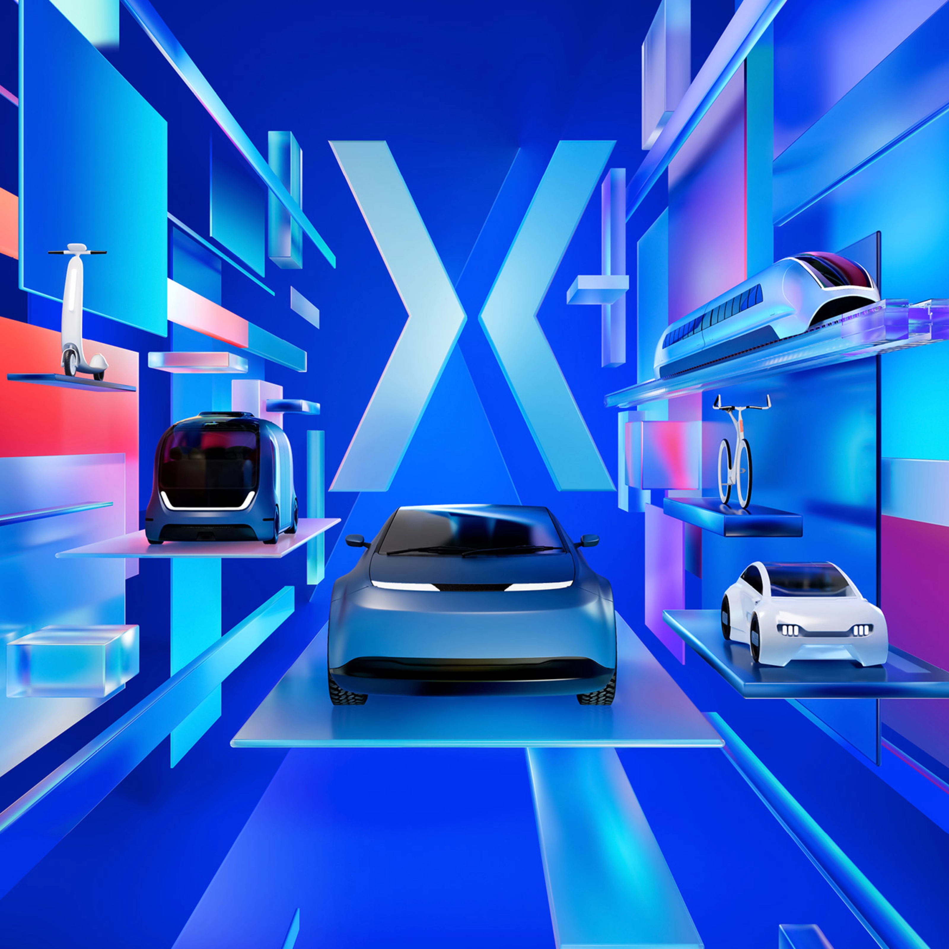 3D-Keyvisual mit futuristischen Fahrzeugen wie Auto, Zug, Fahrrad, Shuttle und Roller in einer digitalen blauen Umgebung im Design der IAA MOBILITY 2025.