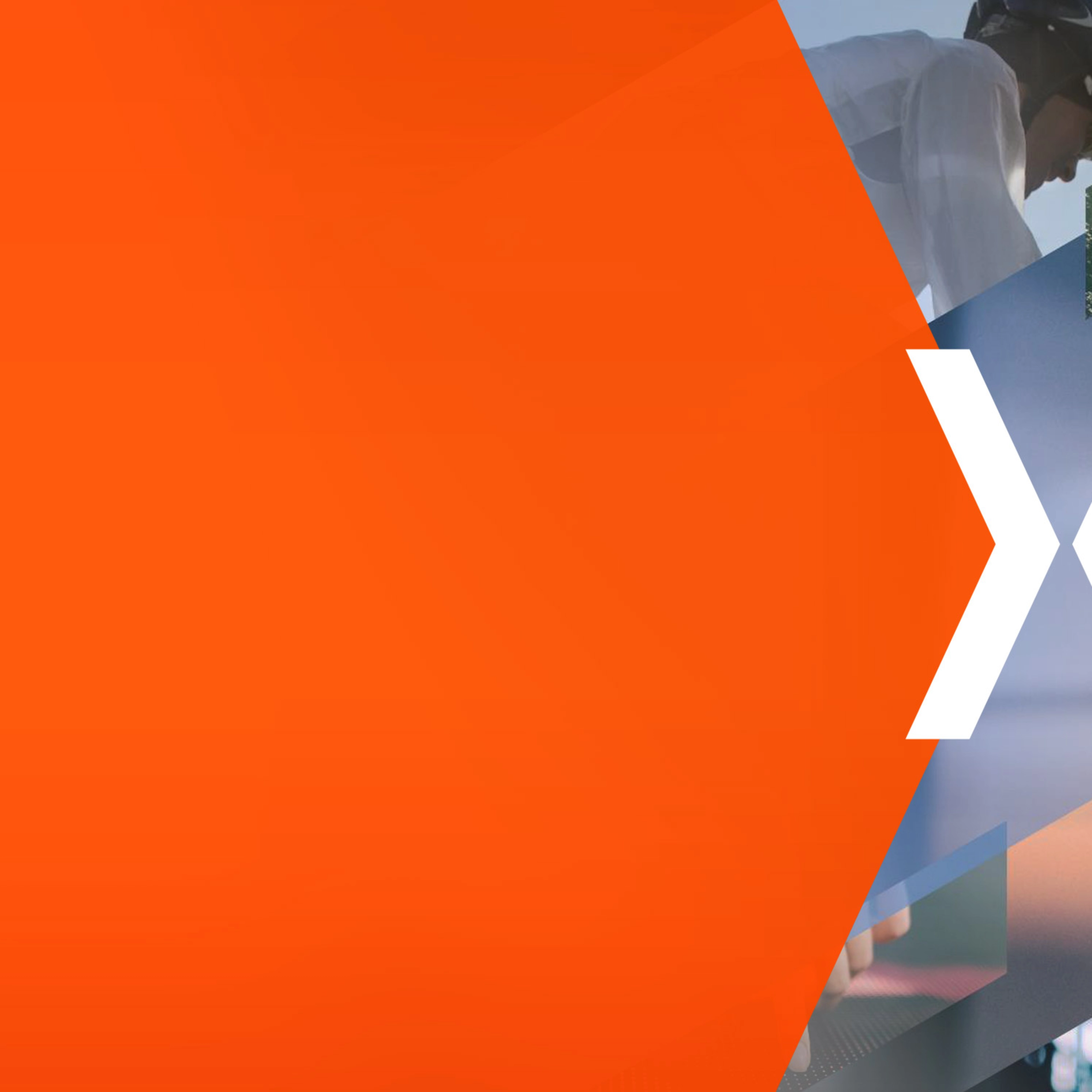 Orange graphic with a white X beside collage-style images of mobility and technology scenes.
