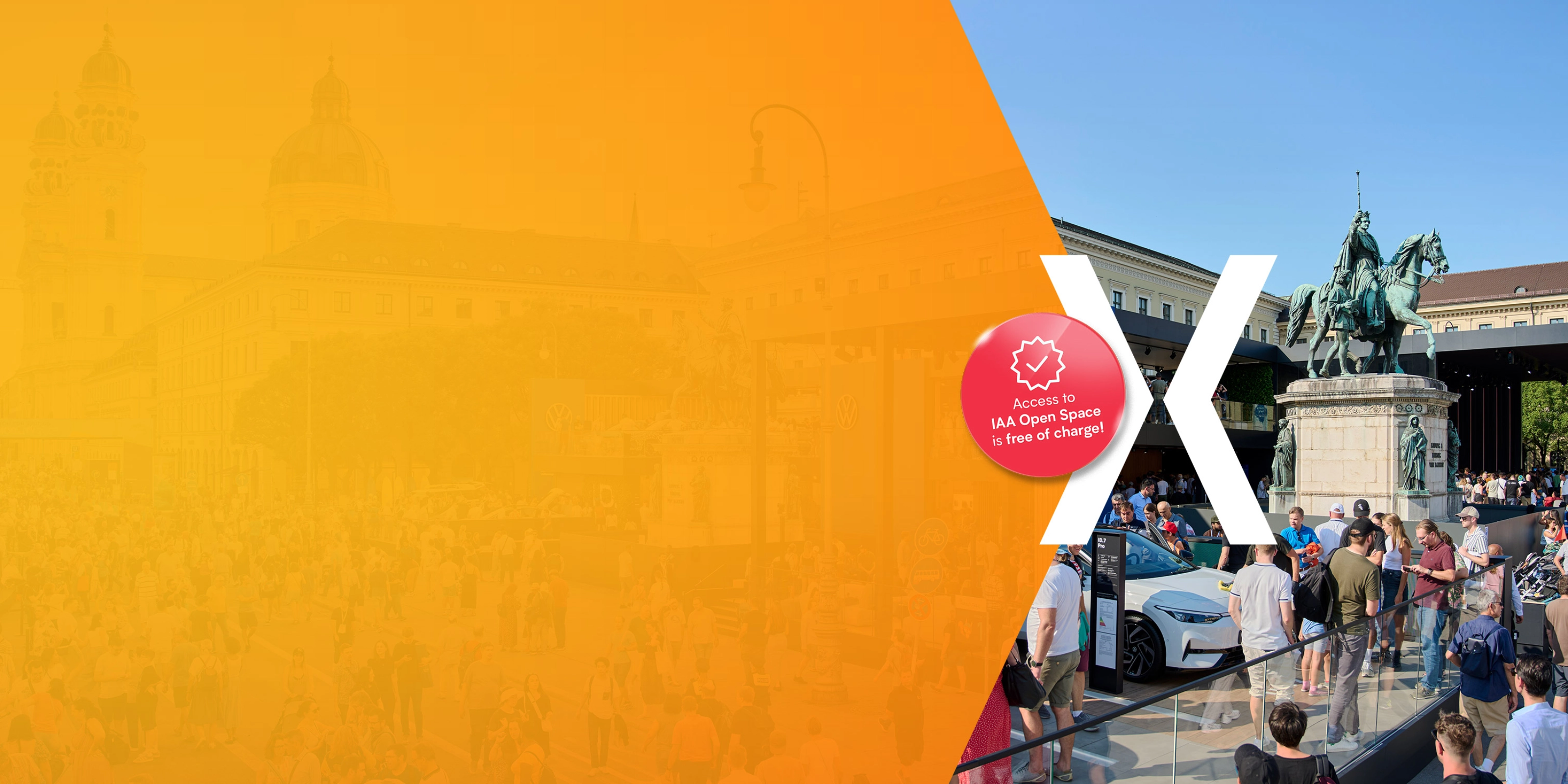 Crowds gather around a white electric car and an equestrian statue at a city square during the IAA event; the left half of the image is overlaid with orange graphics and a note saying "Access to IAA Open Space is free of charge!"