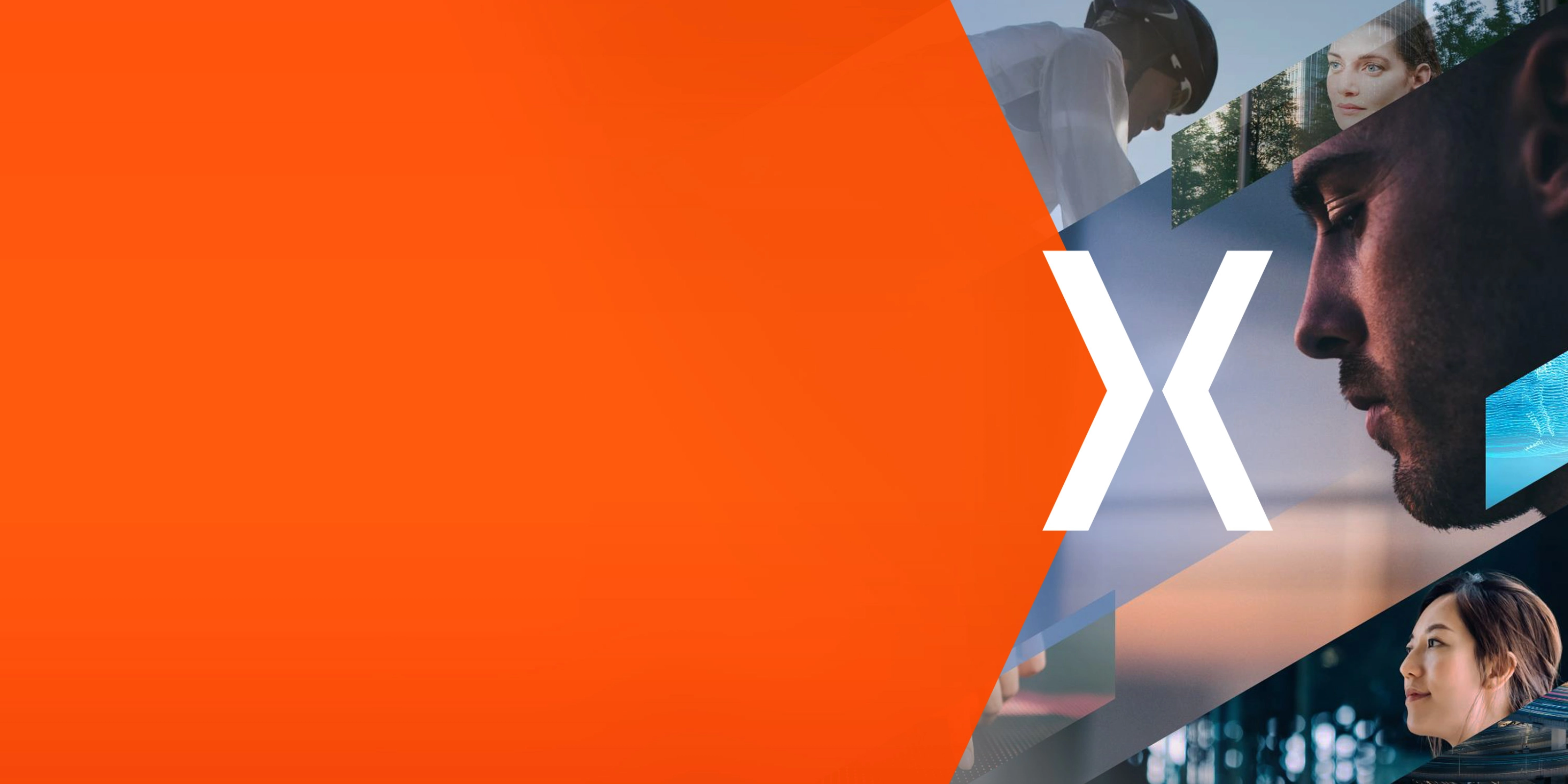 Orange graphic with a white X beside collage-style images of mobility and technology scenes.