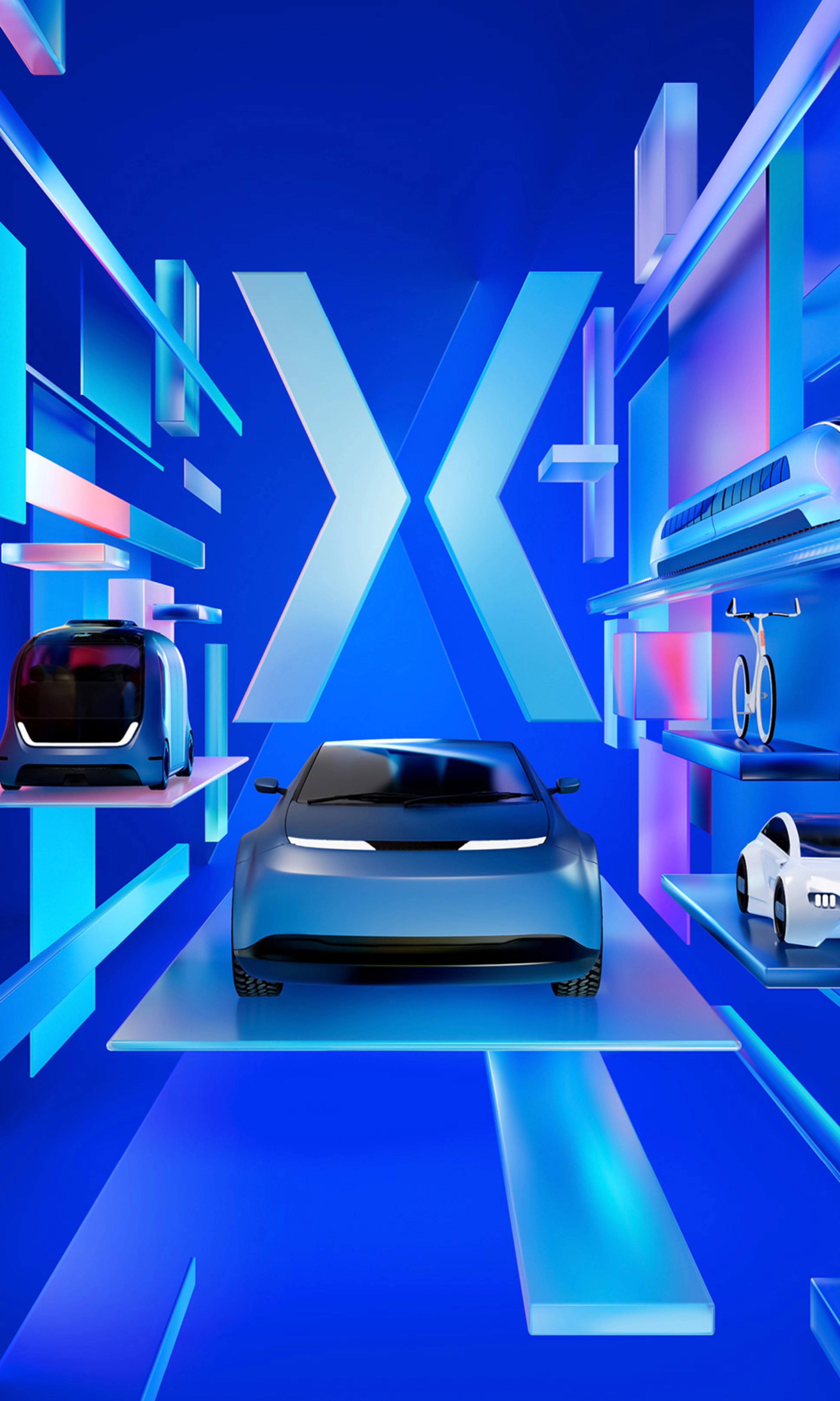 3D-Keyvisual mit futuristischen Fahrzeugen wie Auto, Zug, Fahrrad, Shuttle und Roller in einer digitalen blauen Umgebung im Design der IAA MOBILITY 2025.
