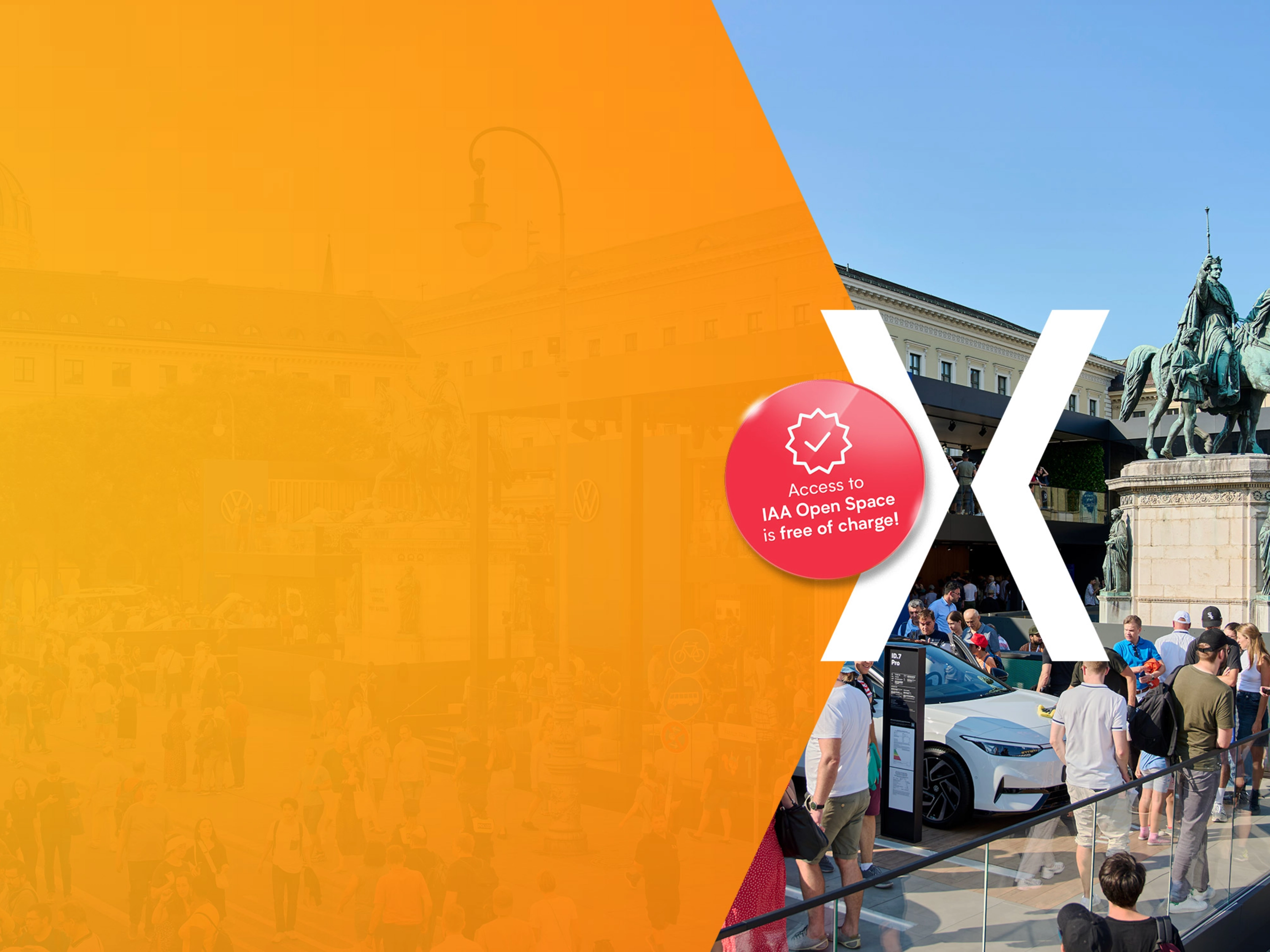 Crowds gather around a white electric car and an equestrian statue at a city square during the IAA event; the left half of the image is overlaid with orange graphics and a note saying "Access to IAA Open Space is free of charge!"