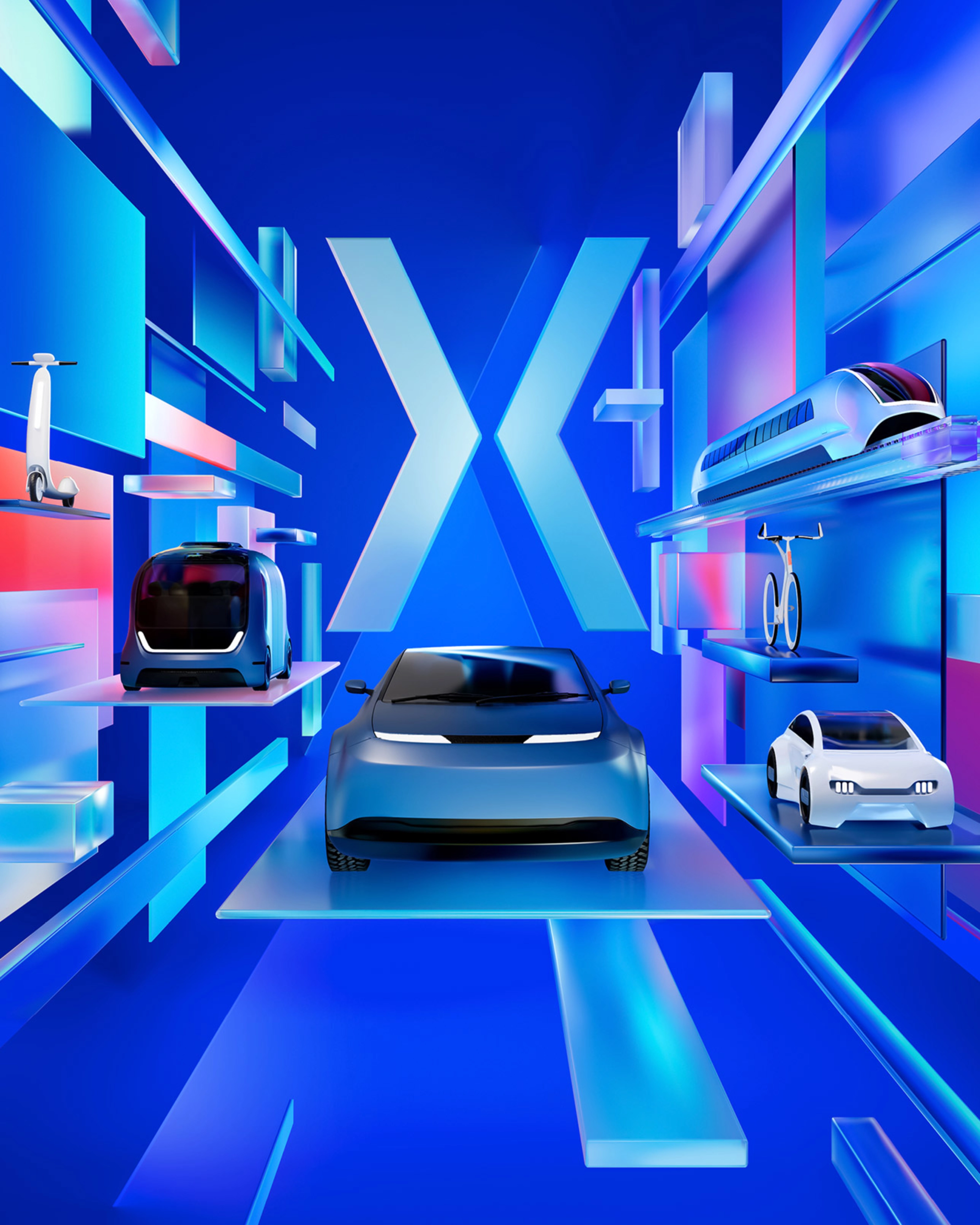 3D-Keyvisual mit futuristischen Fahrzeugen wie Auto, Zug, Fahrrad, Shuttle und Roller in einer digitalen blauen Umgebung im Design der IAA MOBILITY 2025.