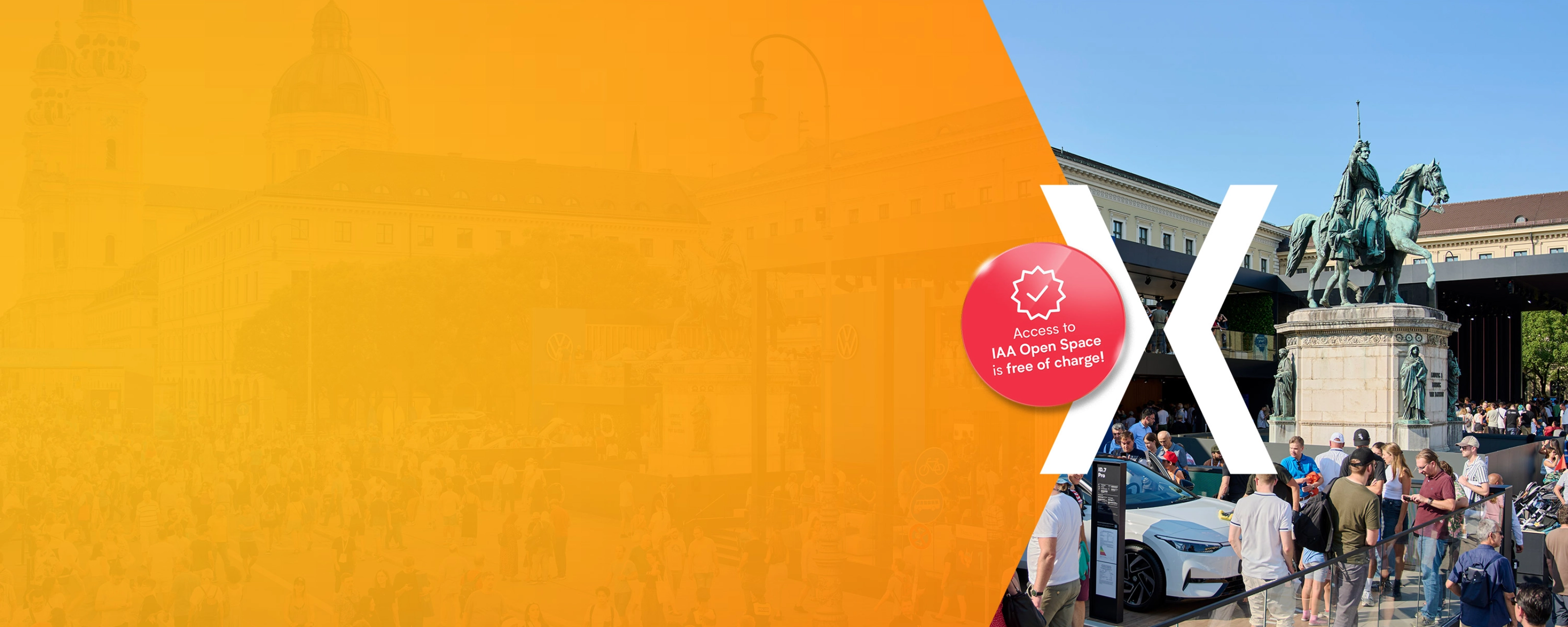 Crowds gather around a white electric car and an equestrian statue at a city square during the IAA event; the left half of the image is overlaid with orange graphics and a note saying "Access to IAA Open Space is free of charge!"