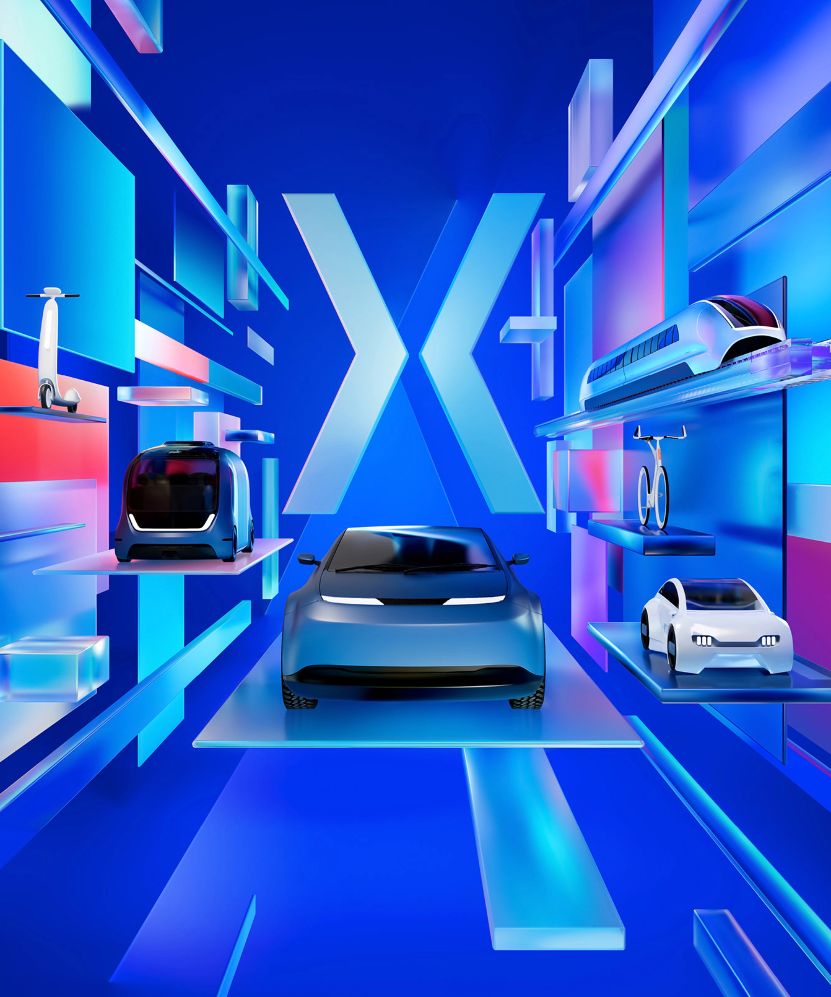3D-Keyvisual mit futuristischen Fahrzeugen wie Auto, Zug, Fahrrad, Shuttle und Roller in einer digitalen blauen Umgebung im Design der IAA MOBILITY 2025.