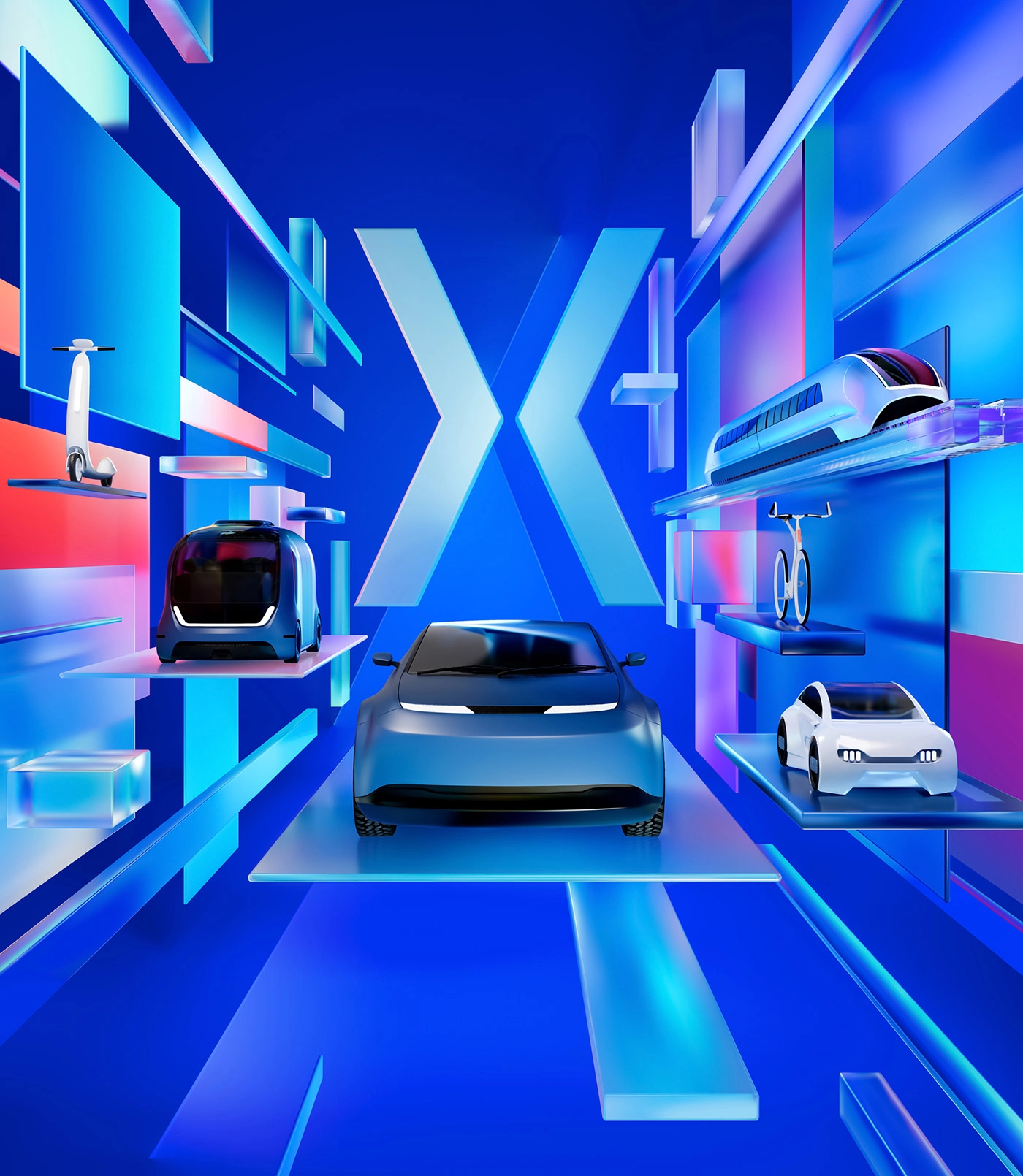 3D-Keyvisual mit futuristischen Fahrzeugen wie Auto, Zug, Fahrrad, Shuttle und Roller in einer digitalen blauen Umgebung im Design der IAA MOBILITY 2025.