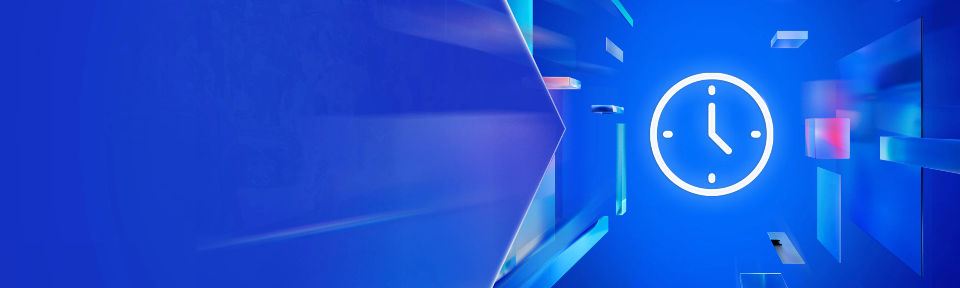 Glowing clock icon on a blue digital background with abstract 3D elements.