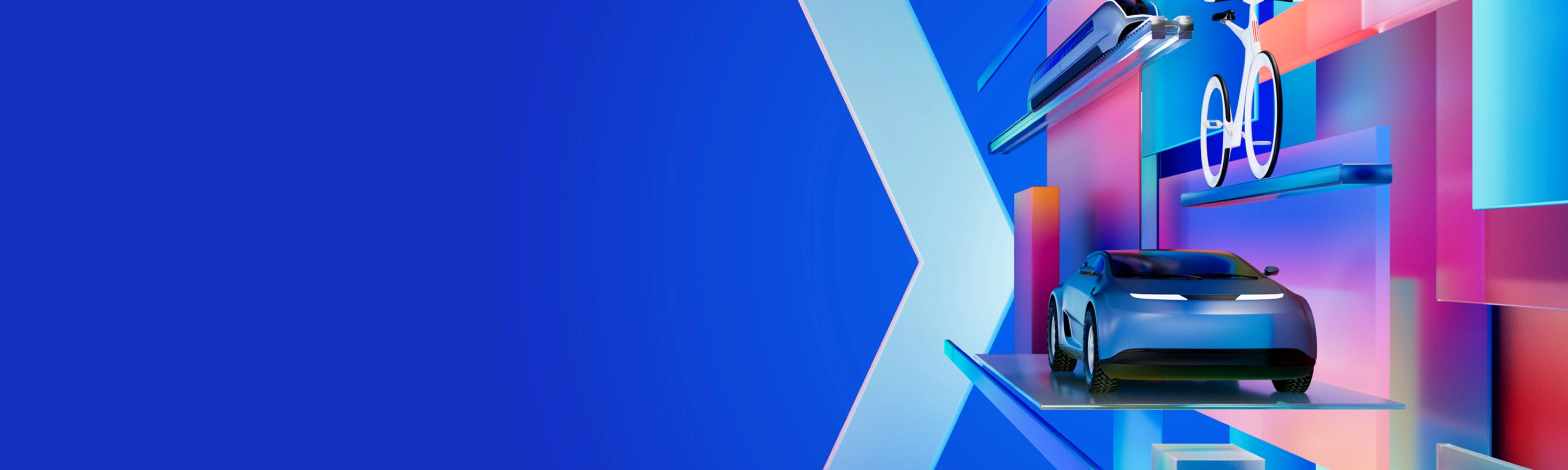 Futuristische digitale Grafik mit Auto, Drohne und Radfahrer zwischen bunten geometrischen Formen auf blauem Hintergrund, symbolisiert das Thema der IAA MOBILITY 2025.