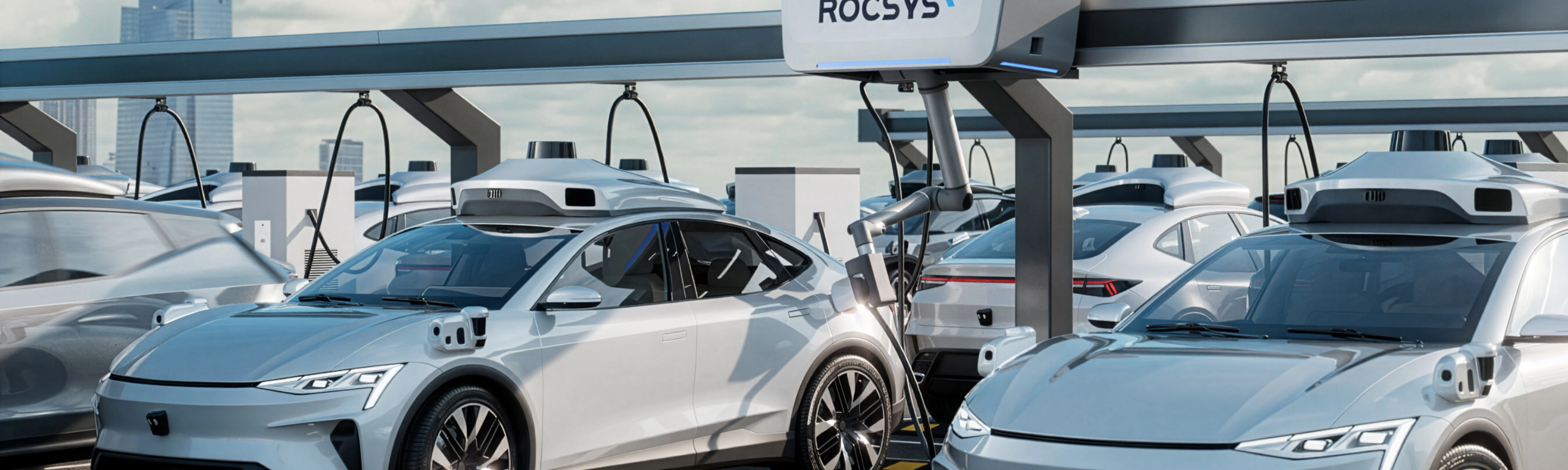 Electric cars charging automatically at a Rocsys robotic station.