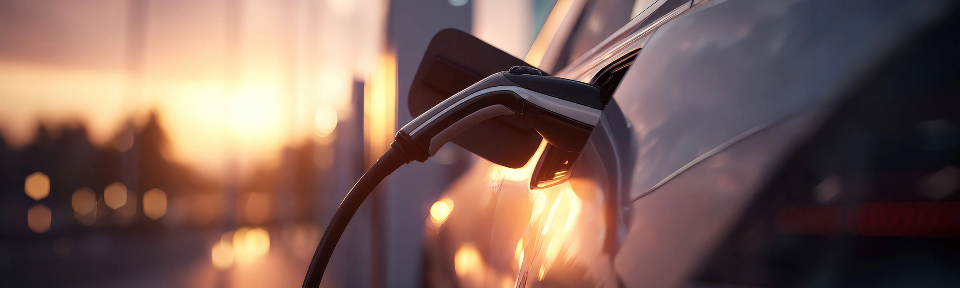 Electric car charging at station during sunset.