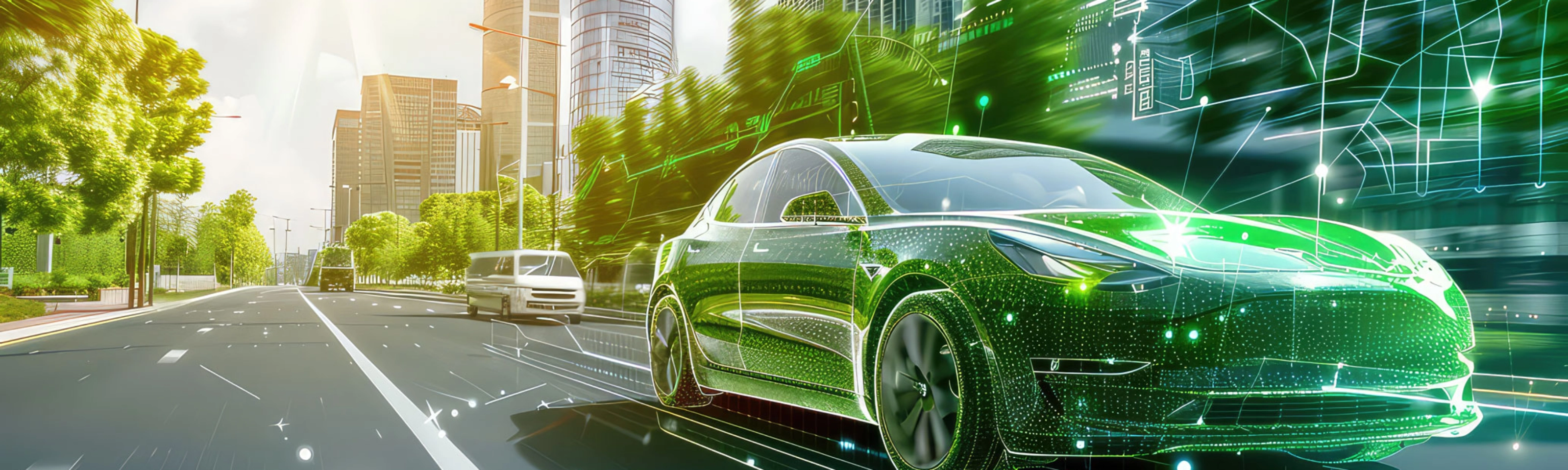Ein futuristisches selbstfahrendes Auto mit digitalen Elementen fährt durch eine moderne Stadtstraße.