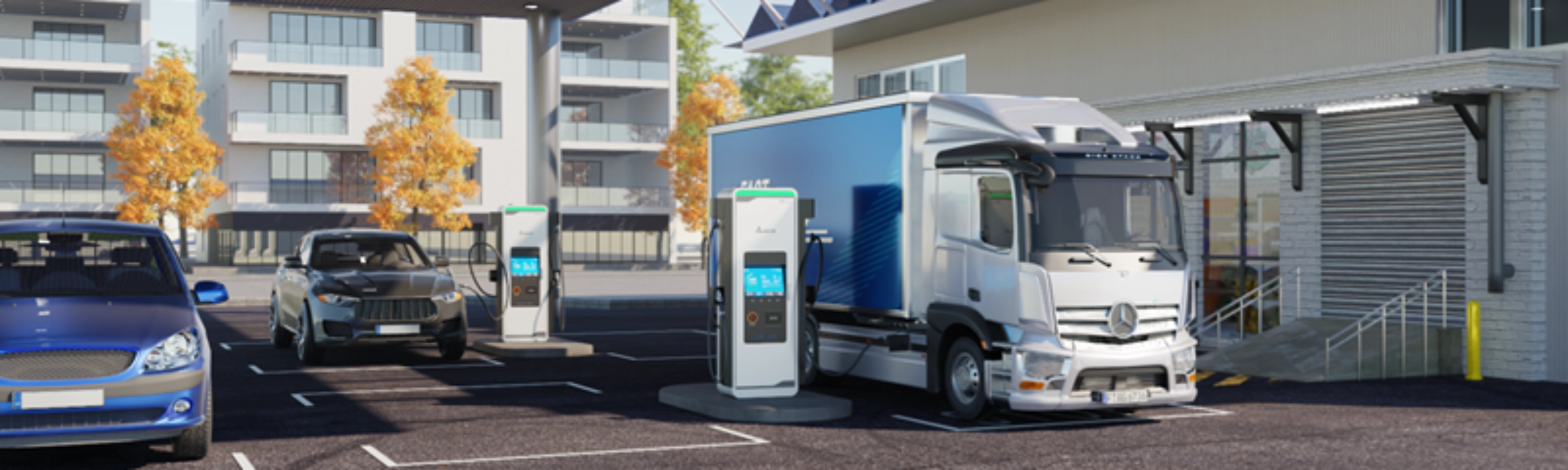 Electric cars and a truck charge at a covered EV charging station near a modern building.