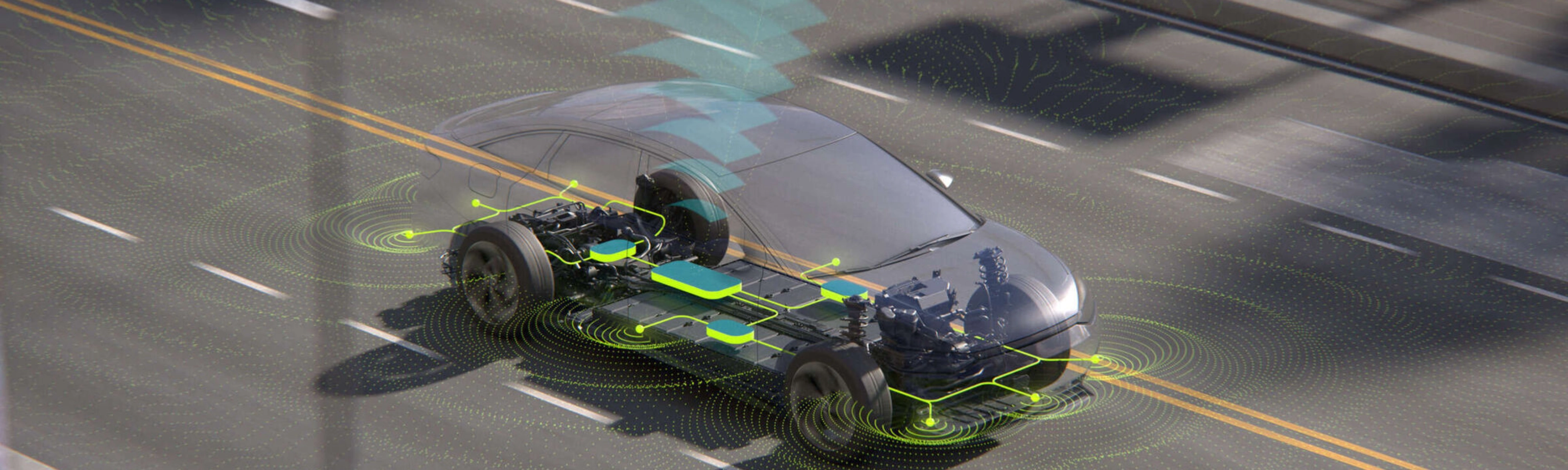 Ein selbstfahrendes Auto mit sichtbaren internen Systemen und Sensorsignalen auf einer Stadtstraße.