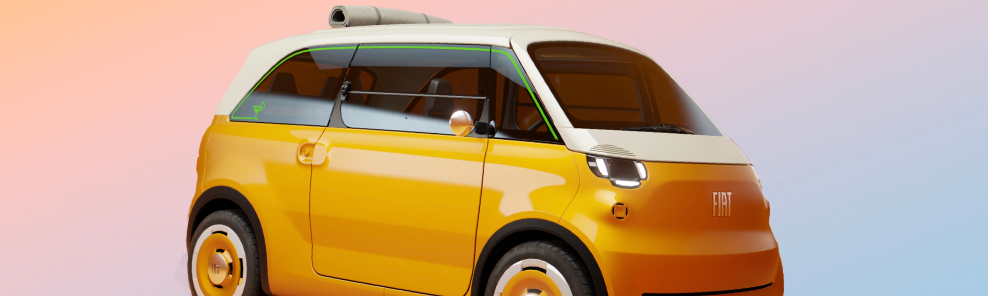 Kompaktes gelbes Konzeptauto in Vorderseitenansicht vor schlichtem Hintergrund.